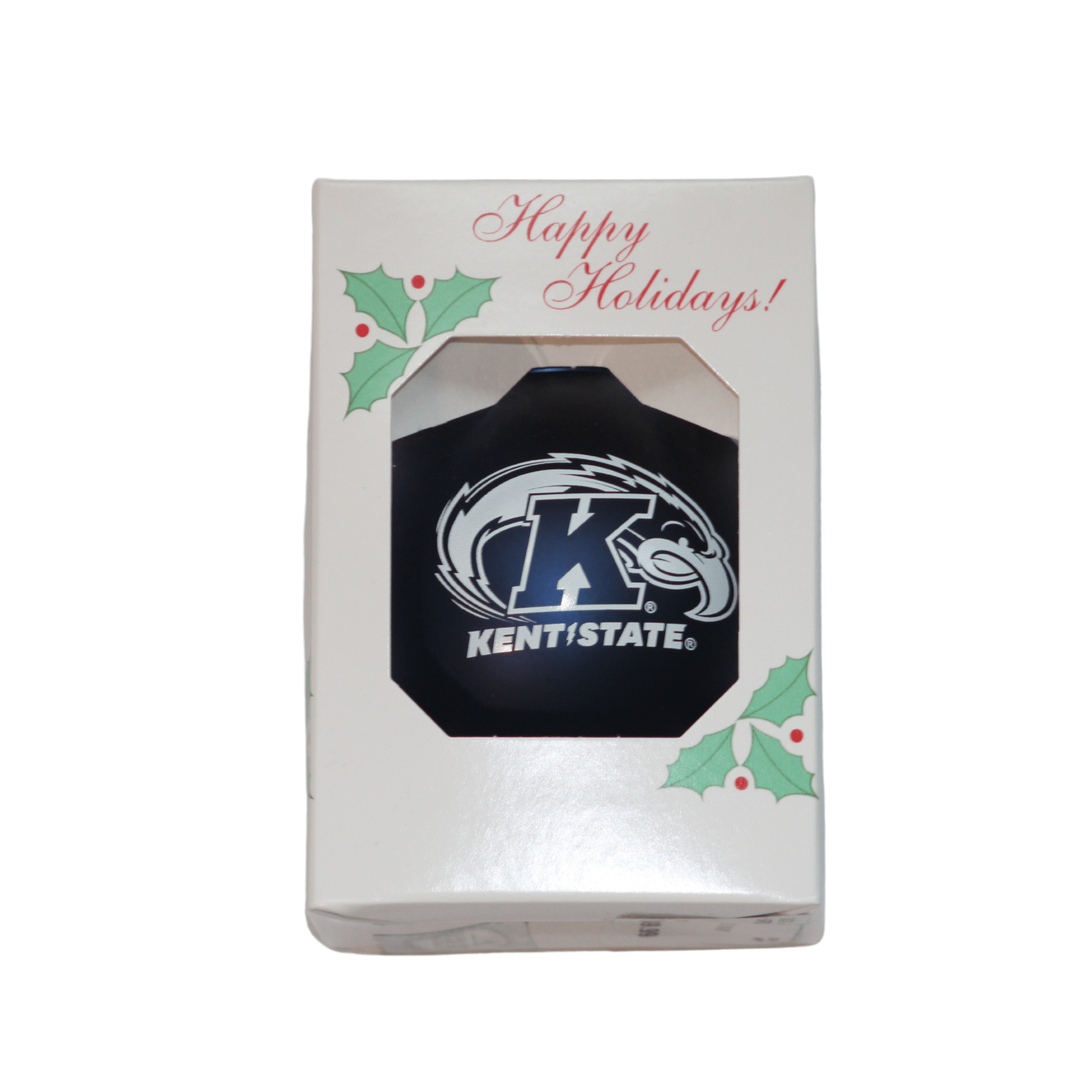 Navy Logo Ornament featuring the Kent State logo in a holiday-themed box with holly decorations and "Happy Holidays" text on the packaging.