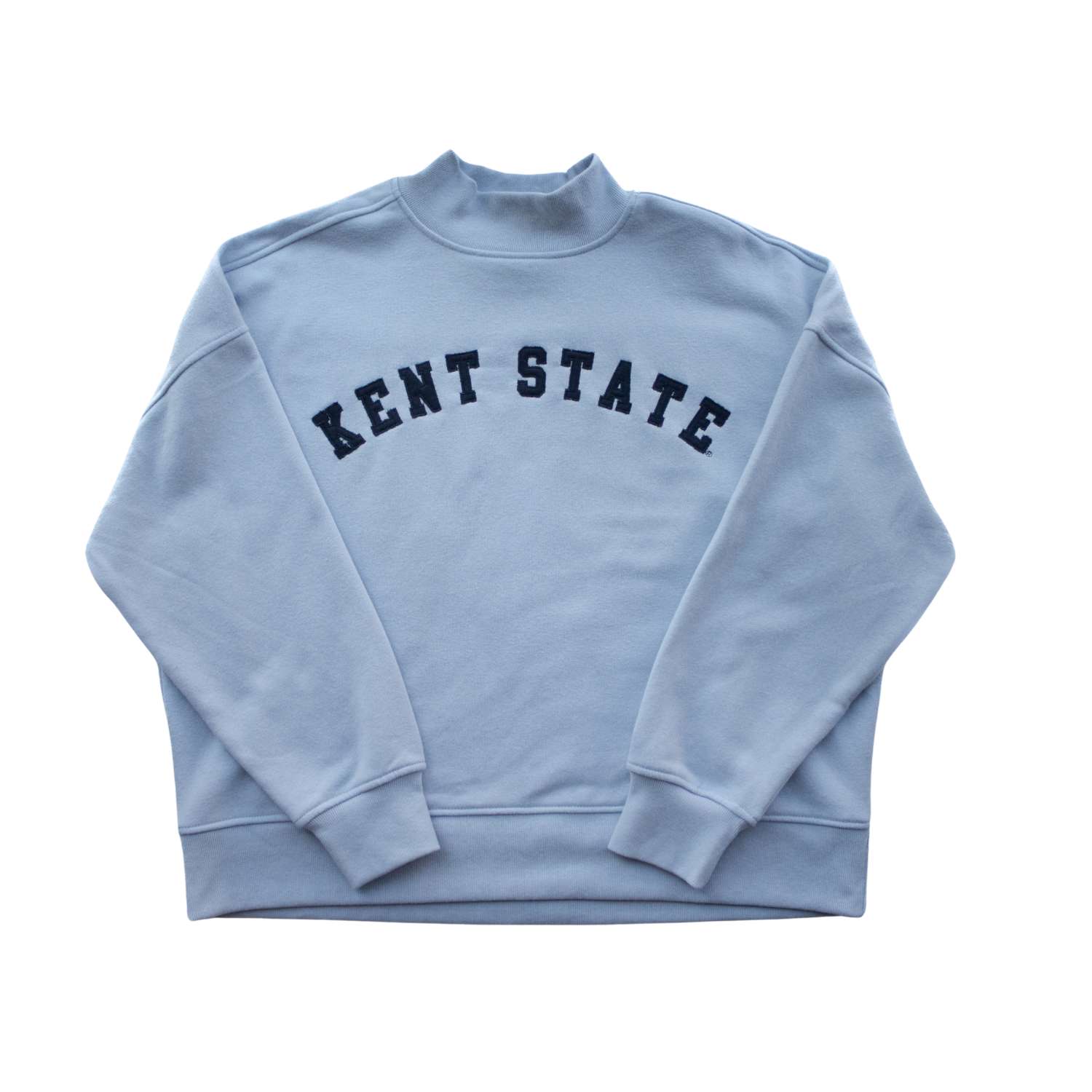 Kent State Light Blue Blue Mockneck pullover sweatshirt featuring navy blue "Kent State" lettering on the front in soft, comfortable fabric for casual Kent State apparel.