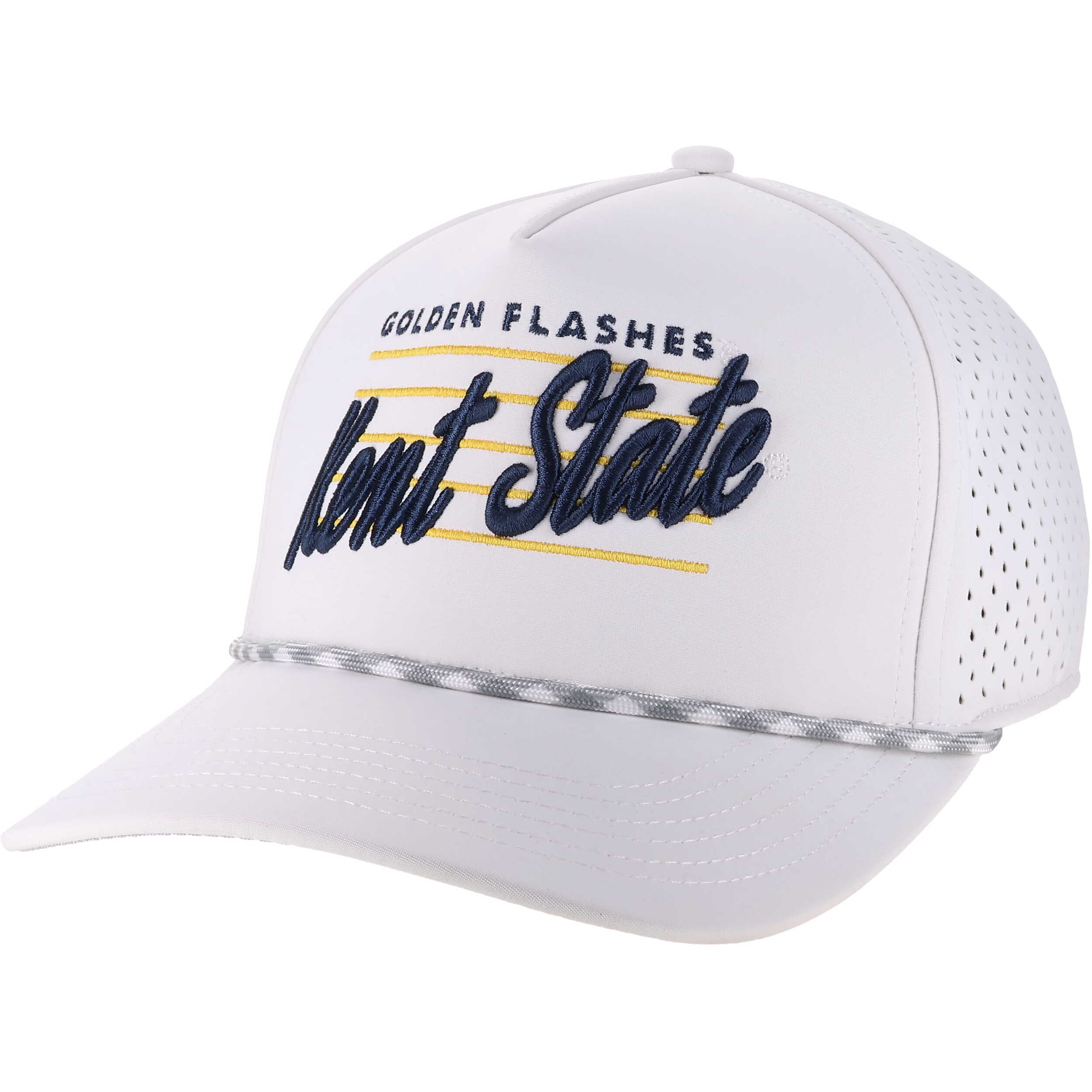 Kent State White Hat With Navy Cosmic Script featuring "Golden Flashes" text, breathable mesh back panels, and a curved brim for Kent State apparel fans.
