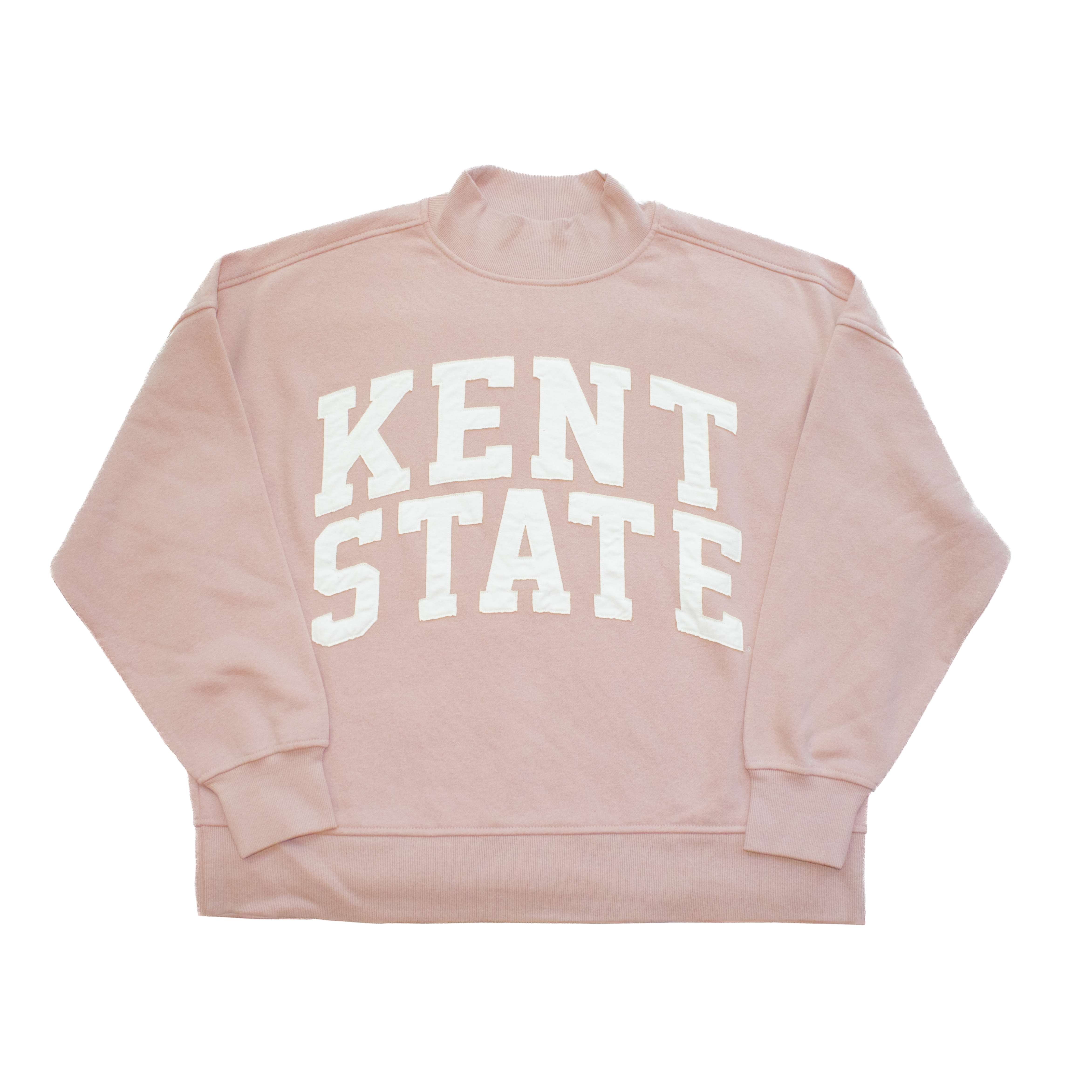 Kent State Dusty Rose Mockneck sweatshirt in soft fabric featuring bold white Kent State lettering across the chest, casual comfortable university apparel.