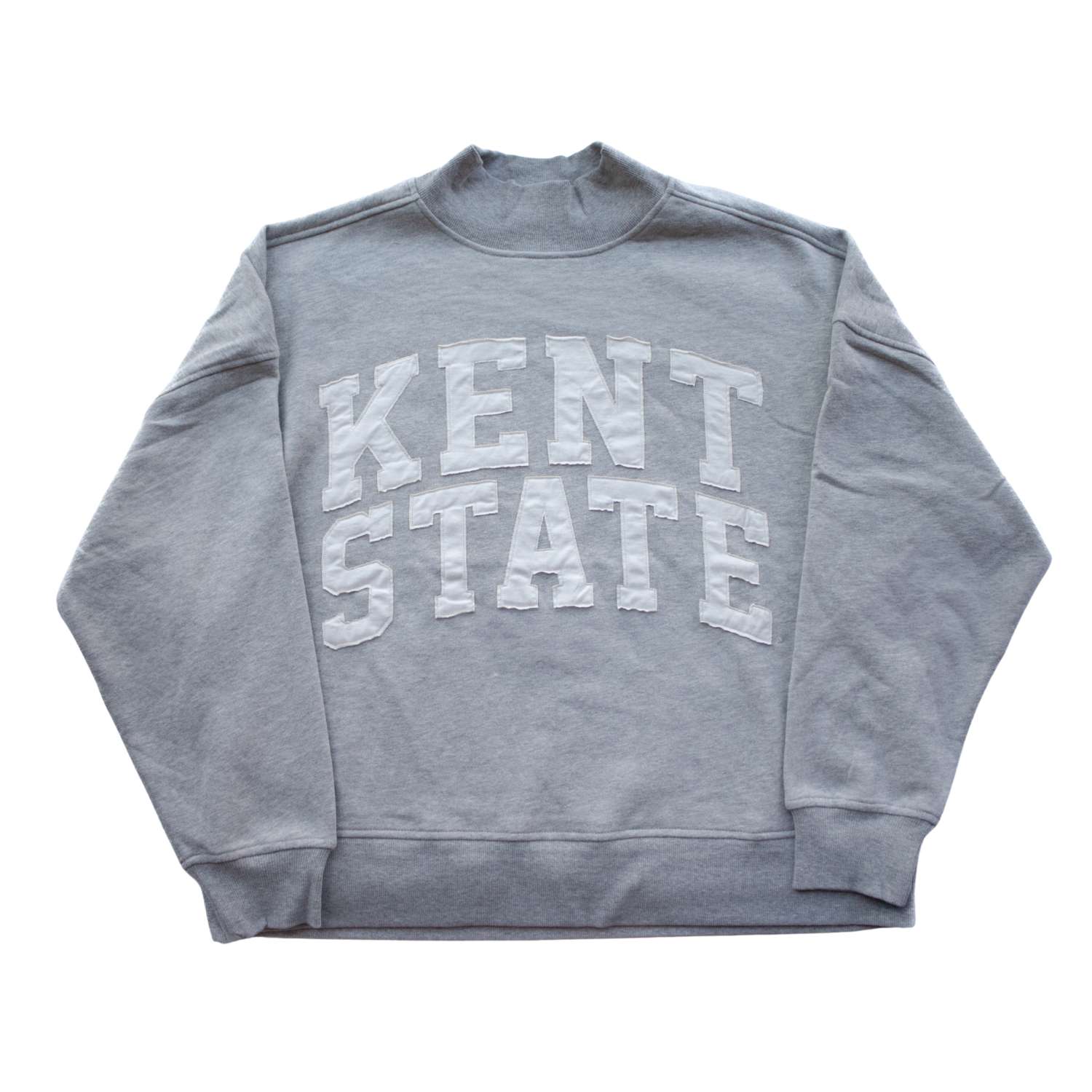 Kent State Gray Mockneck sweatshirt in soft gray fabric featuring bold white "KENT STATE" lettering across the chest, perfect for Kent State apparel fans.