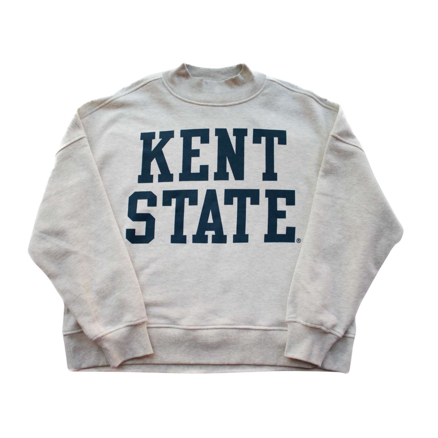 Kent State Block Oatmeal Mockneck in oatmeal color featuring bold navy Kent State lettering, made from comfortable fabric, perfect for Kent State apparel fans and golden flashes supporters.