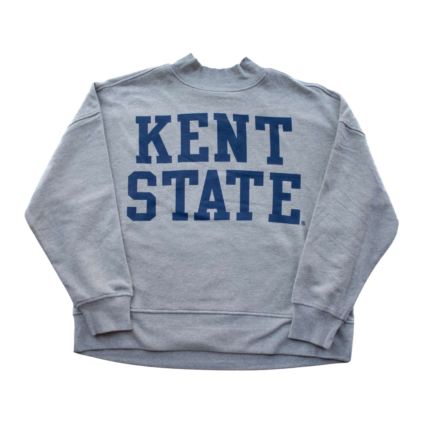 Kent State Block Gray Mockneck in light gray with bold navy blue "KENT STATE" lettering across the chest, featuring a comfortable mockneck collar and long sleeves.