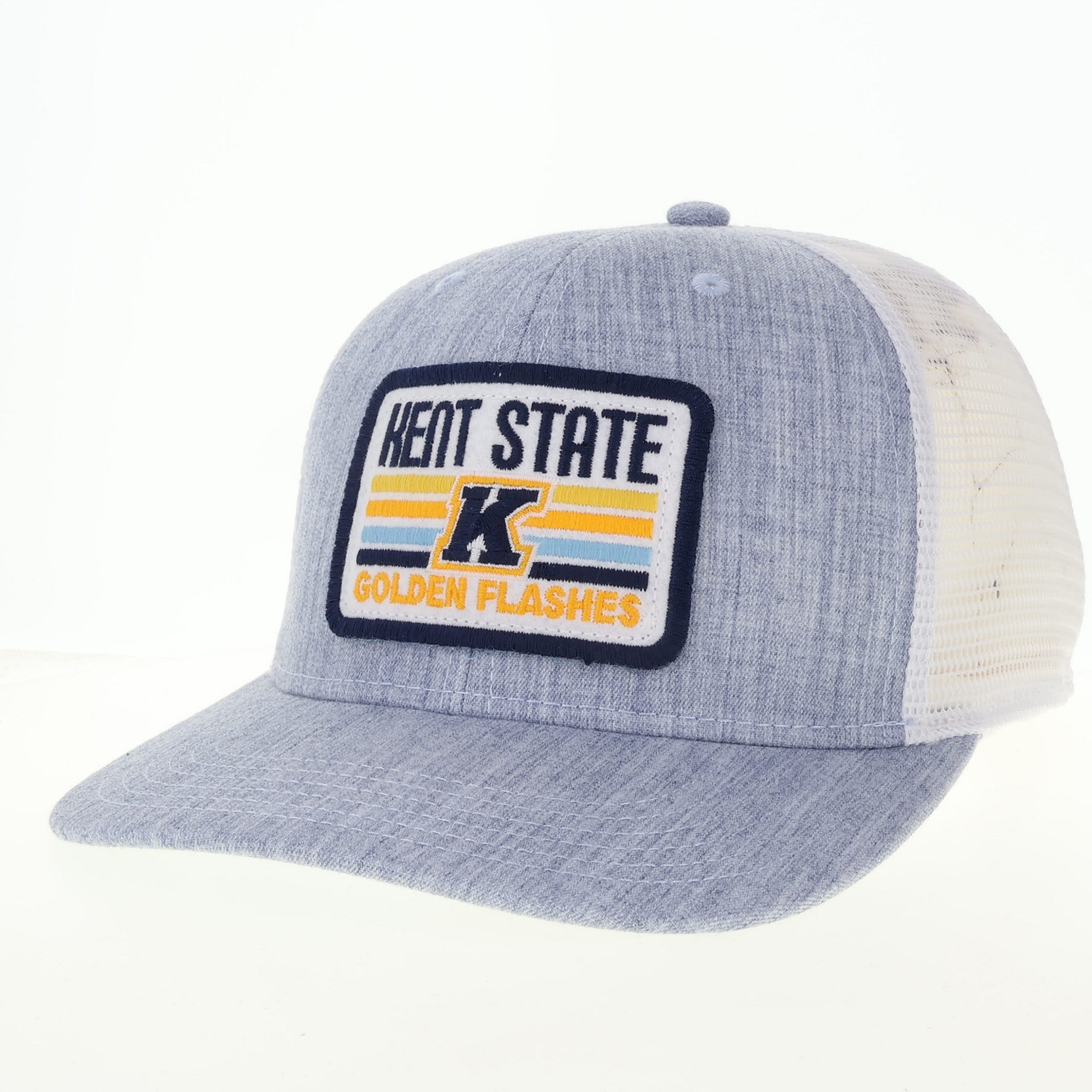 Kent State Melange Lt Blue/White Trucker MPS W/Navy White Daybreak hat featuring a light blue front panel with navy and yellow Kent State golden flashes logo and white mesh back