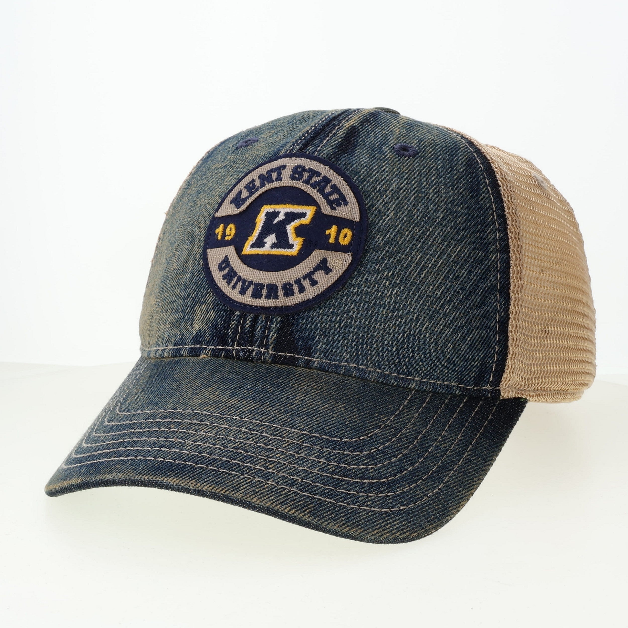 Kent State Denim Trucker OFA W/Navy Khaki Token featuring a denim front with Kent State University patch and navy khaki mesh back in a trucker hat style.