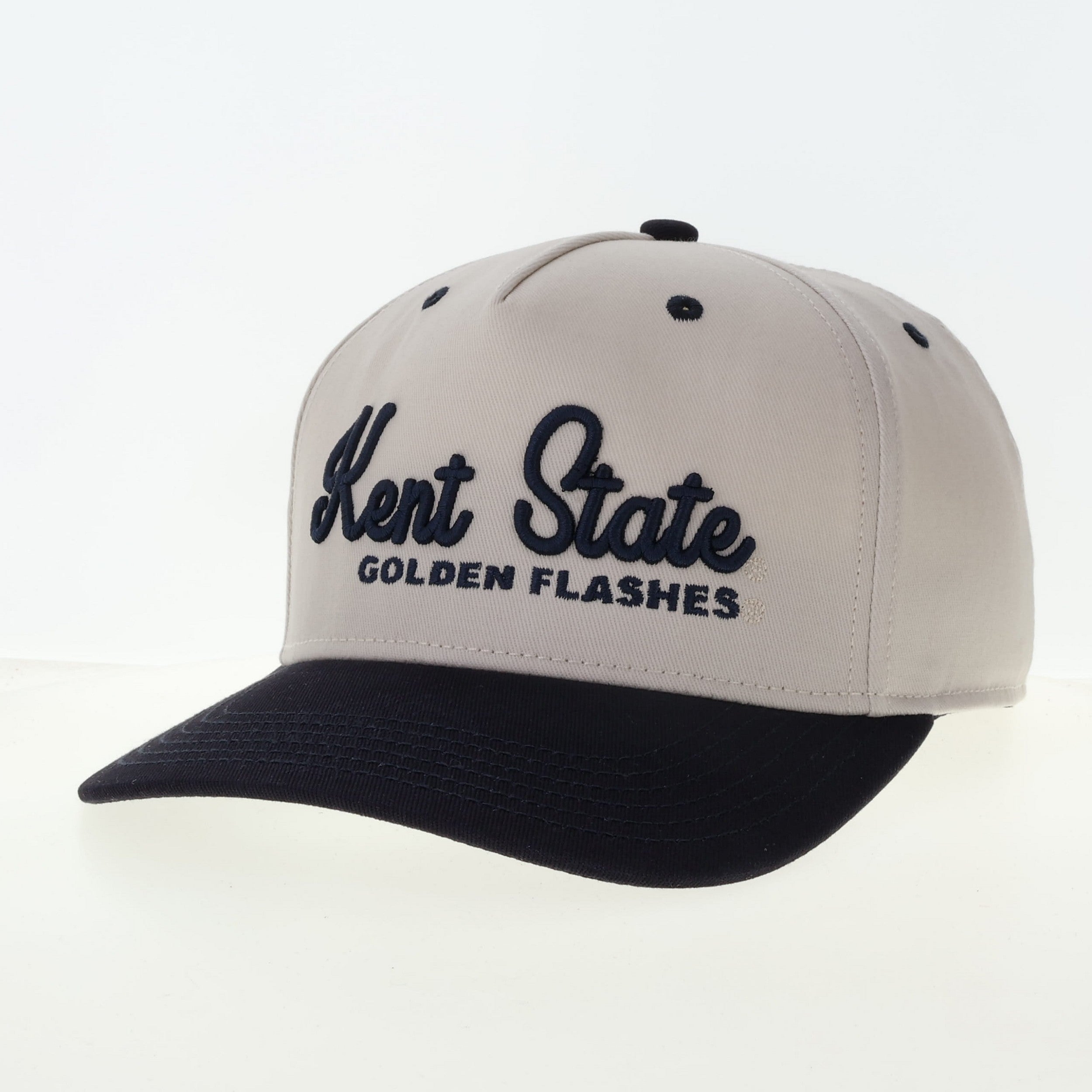 Kent State Stone/Navy HTA W/Navy Signee cap featuring navy embroidery of "Kent State Golden Flashes" on a stone-colored crown with a navy curved brim, showcasing Kent Sportswear style.