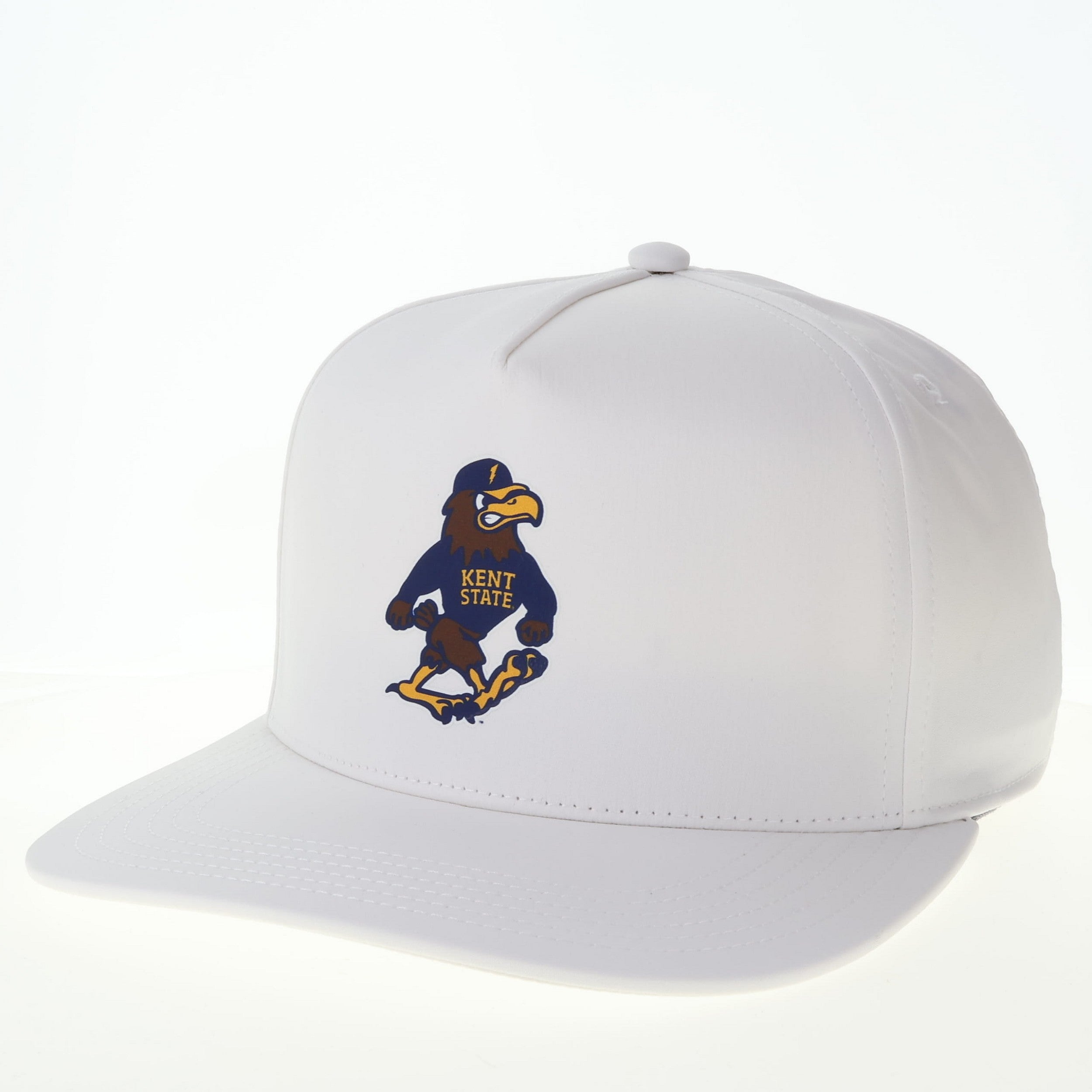 Kent State White Caddy W/Full Color Fearless Flash Champ Mascot hat featuring the Golden Flashes mascot on the front, perfect for Kent State apparel fans.