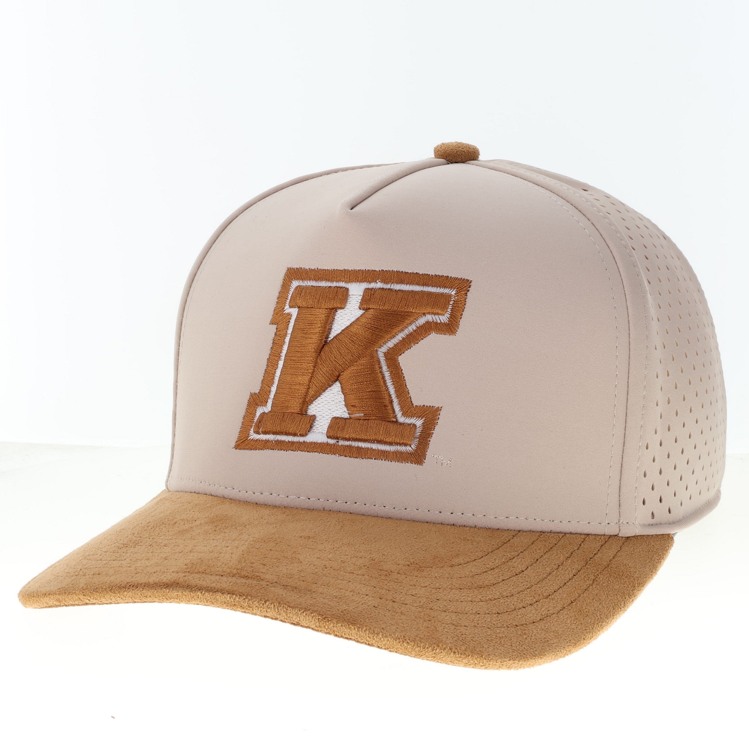 Kent State Stone/Camel Suede Cut W/Camel Suede White Champ cap featuring a large embroidered "K" logo on stone-colored front panel with camel suede bill and perforated side panels.