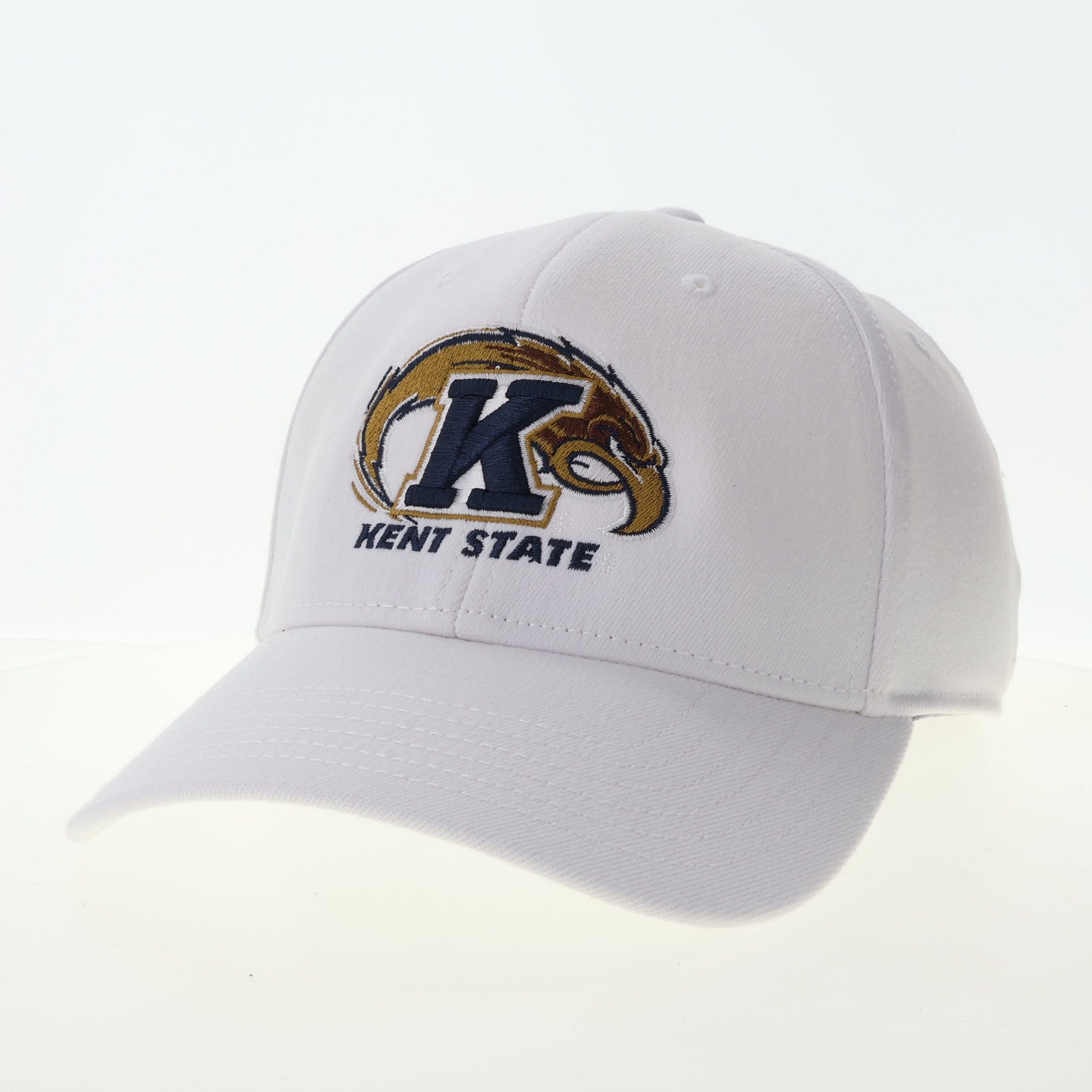 Kent State White 717X With Eagle Logo featuring a white cap embroidered with a navy and gold Kent State eagle logo and the text Kent State underneath, perfect for fans of Kent State University apparel.