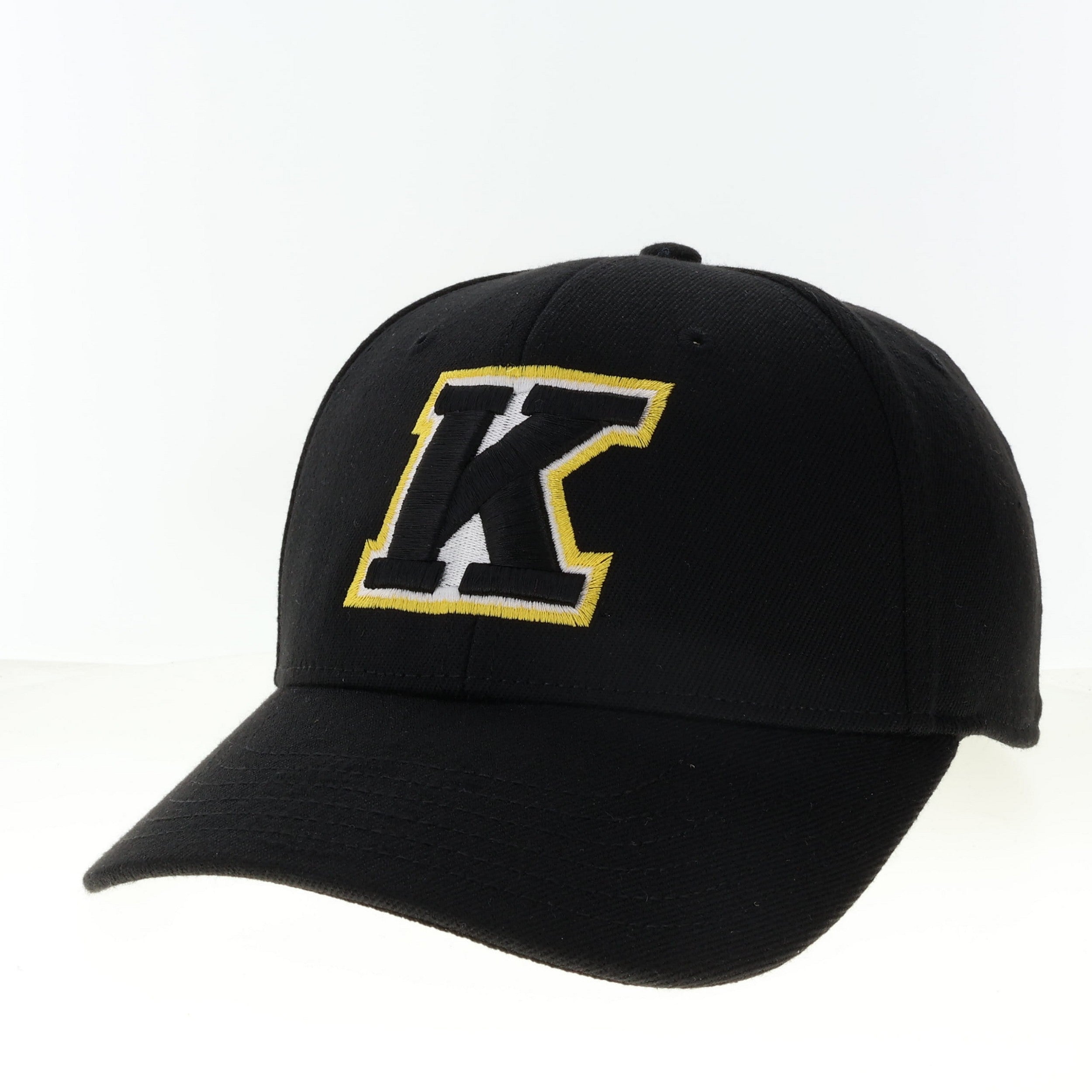 Black baseball cap featuring a bold letter K logo outlined in gold, representing Kent State Black 717X With K Logo, perfect for Kent State apparel fans.