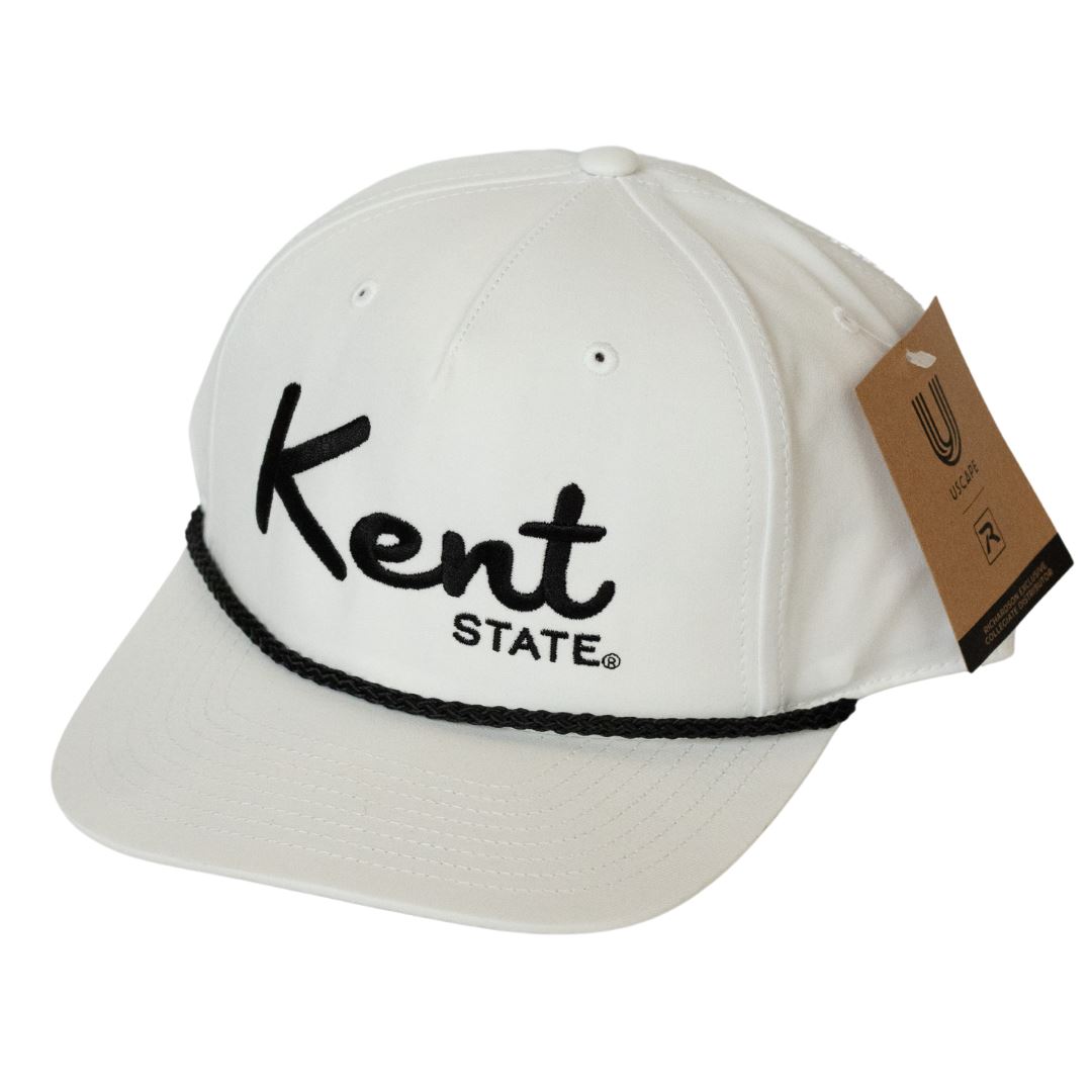 White Kent State Hat With Black Rope featuring black embroidered Kent State logo on front, adjustable fit, and stylish contrasting black rope detail above the brim.