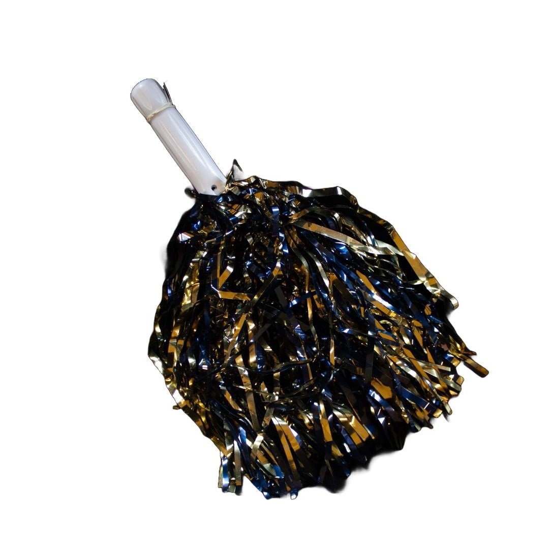 Shimmer Poms featuring metallic gold and dark blue strands with a white plastic handle, perfect for adding sparkle and school spirit to any Kent State event.