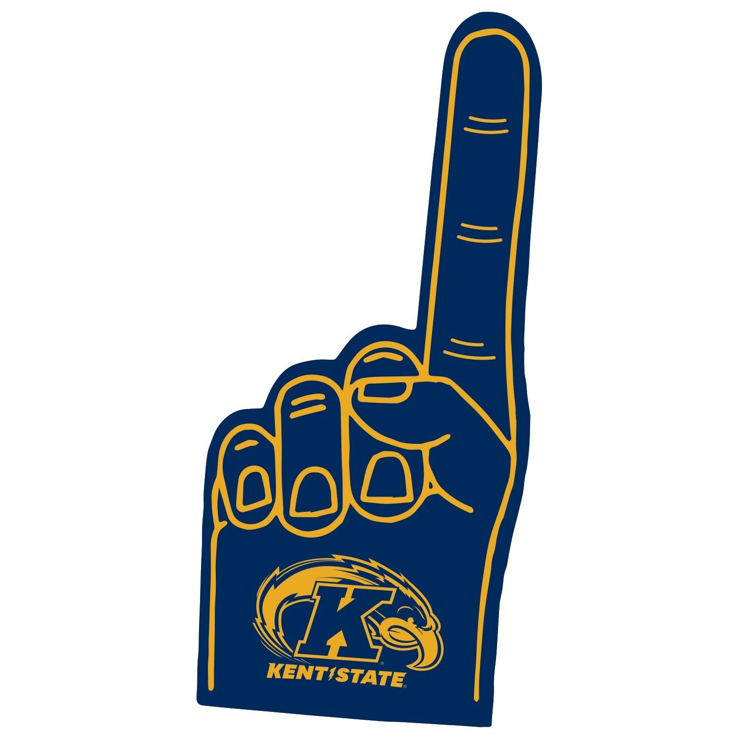 16 inch Kent State Foam Finger in navy blue with gold outline and Kent State Golden Flashes logo, symbolizing school spirit and support at games.