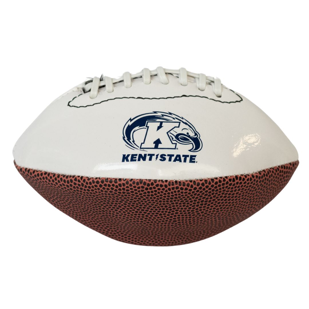 Mini Kent State Football For Autographs featuring the Kent State Golden Flashes logo in blue on a white panel with traditional brown textured leather bottom and laces.
