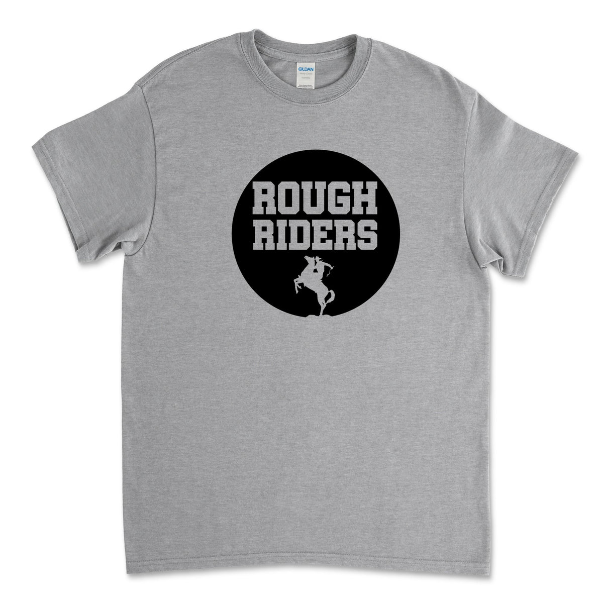 Kent Roosevelt Circle Gray Youth T-Shirt in light gray featuring a black circle graphic with "Rough Riders" text and a horse rider silhouette, youth apparel inspired by Kent State clothing.
