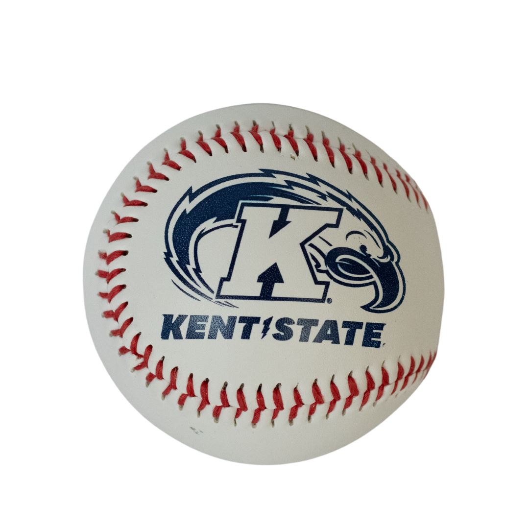 Baseball featuring the Kent State Baseball logo with red stitching, showcasing Kent State Golden Flashes branding on a white surface.
