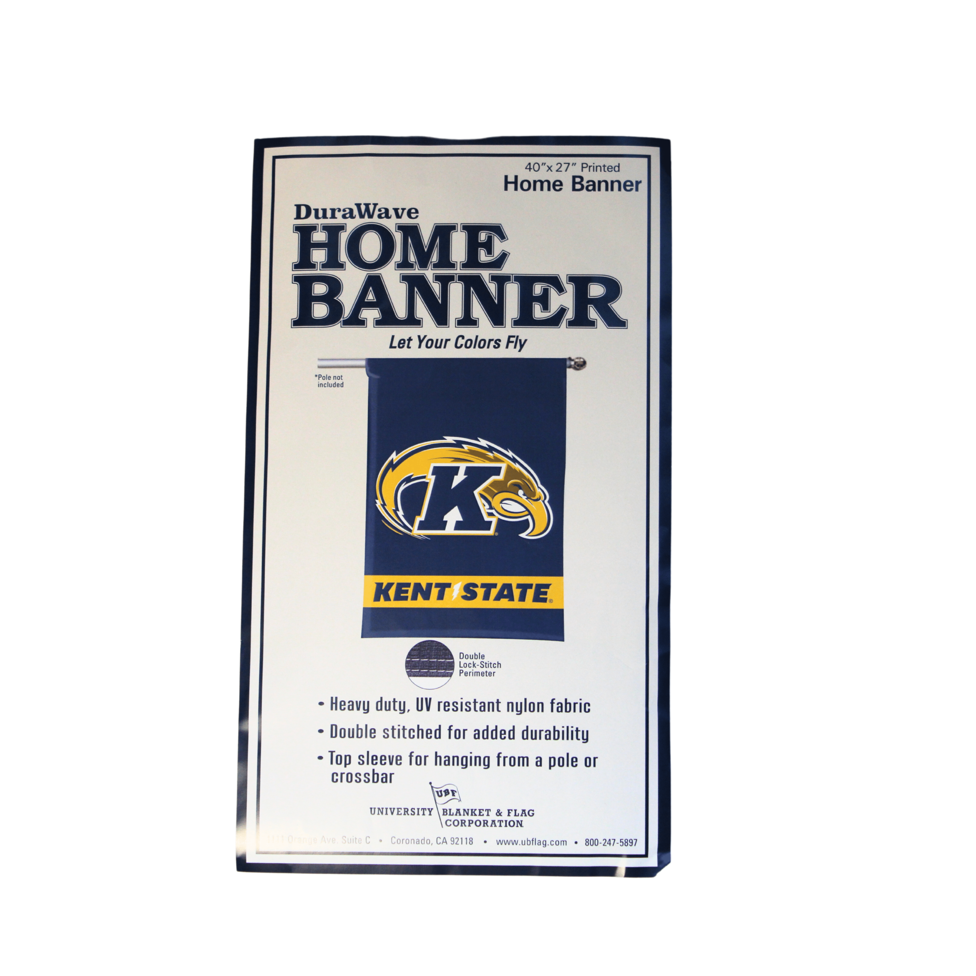 Kent State Navy 40x27 Kent State Golden Flashes Banner made of heavy-duty UV resistant nylon fabric with double stitched perimeter and top sleeve for hanging on a pole or crossbar.