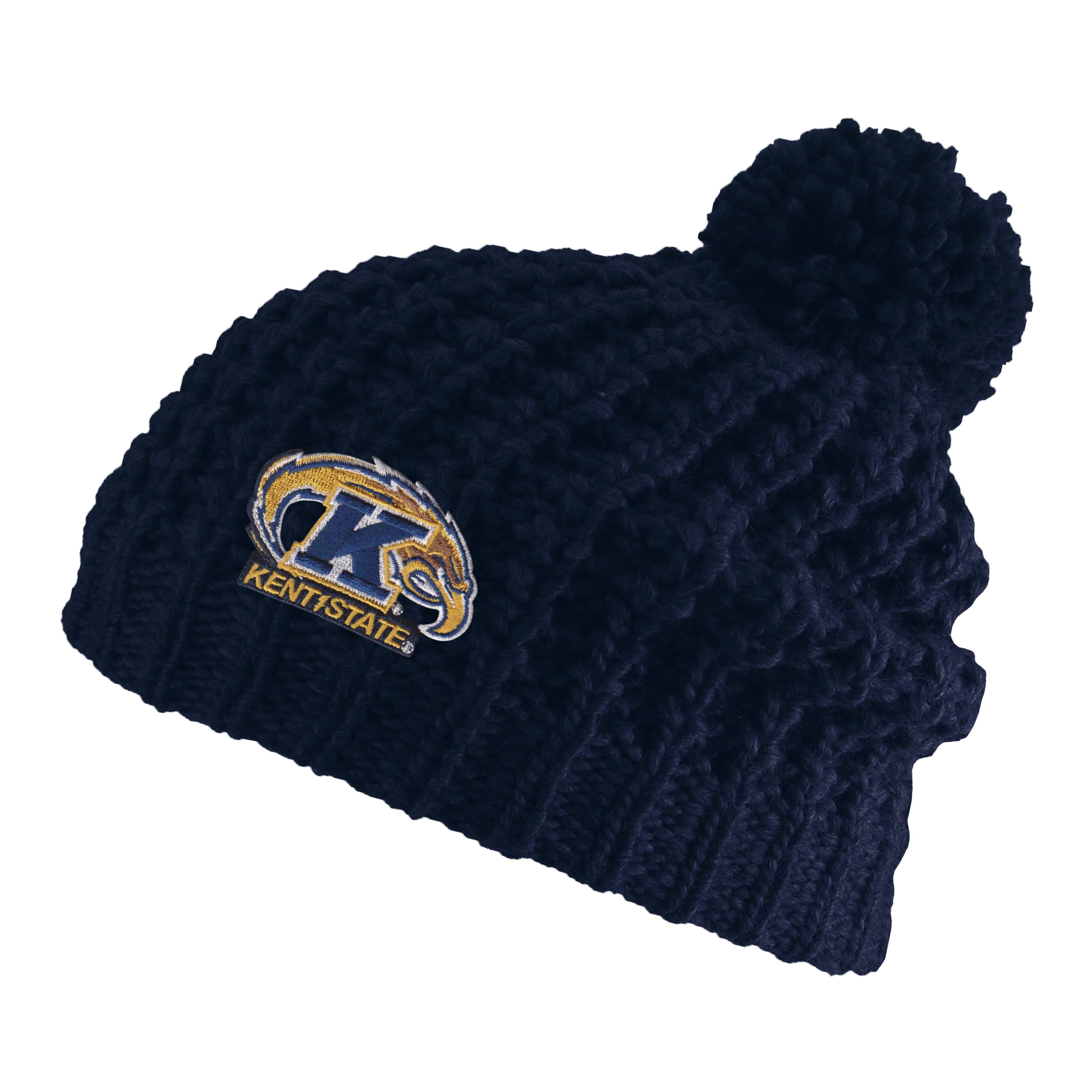 Kent State Chunky Knit Hat With Pom in navy blue featuring a thick knit texture and the Kent State Golden Flashes logo embroidered on the front.