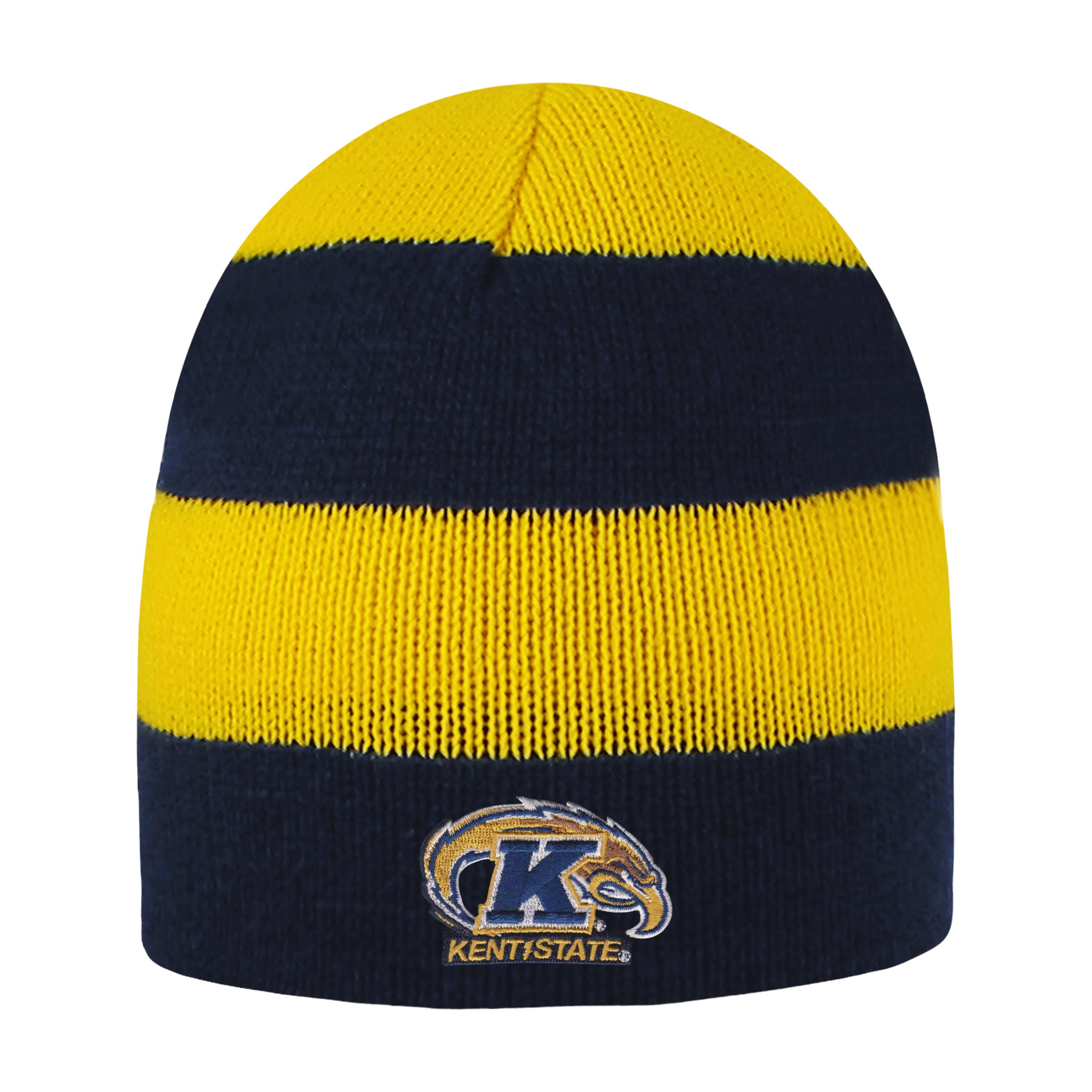 Rugby Striped Knit Beanie in navy and yellow with Kent State University Golden Flashes logo embroidered on the front, perfect for chilly weather and showing school pride.