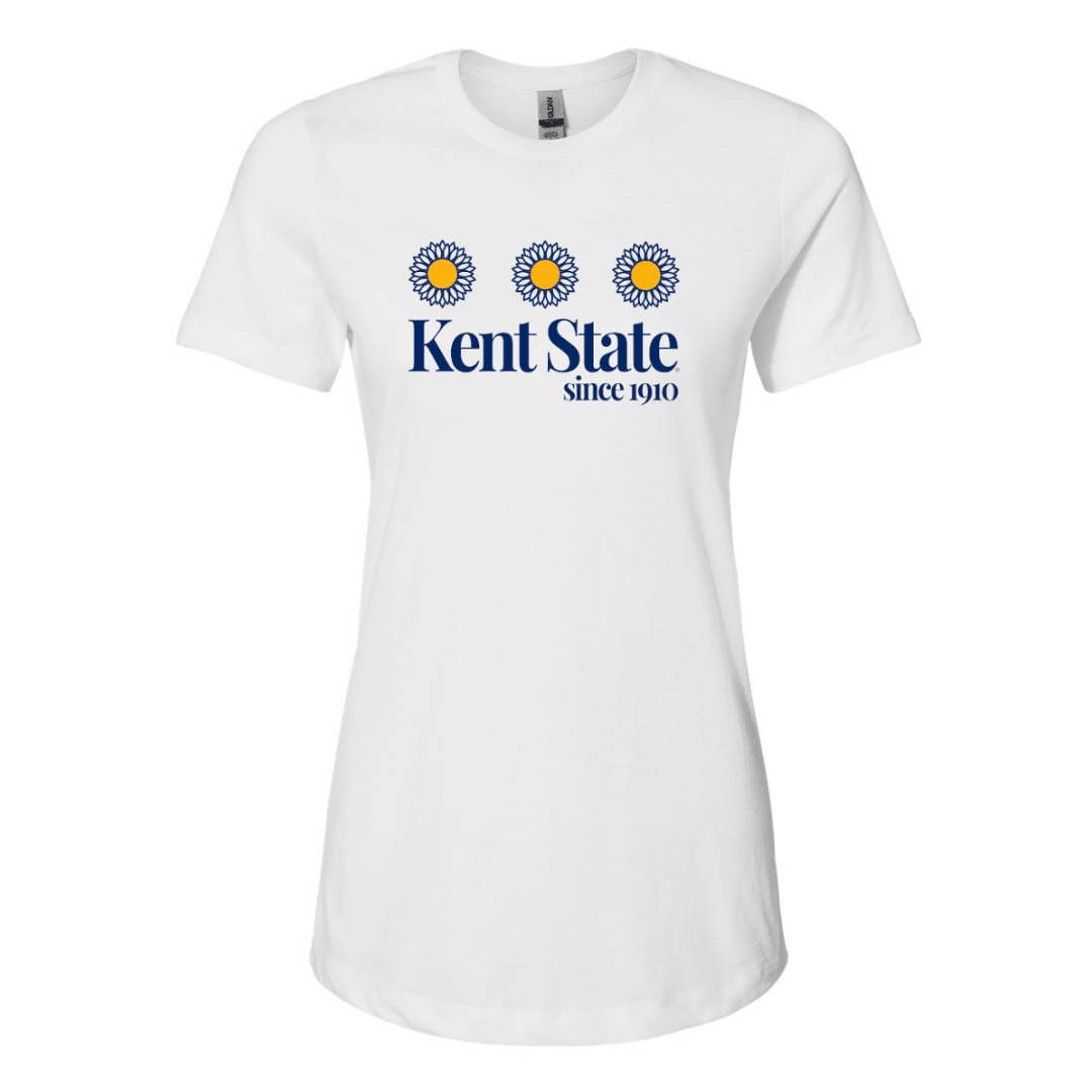 White women's t-shirt featuring three stylized yellow and blue flowers above "Kent State since 1910" text, representing Kent State With 3 Flower apparel.