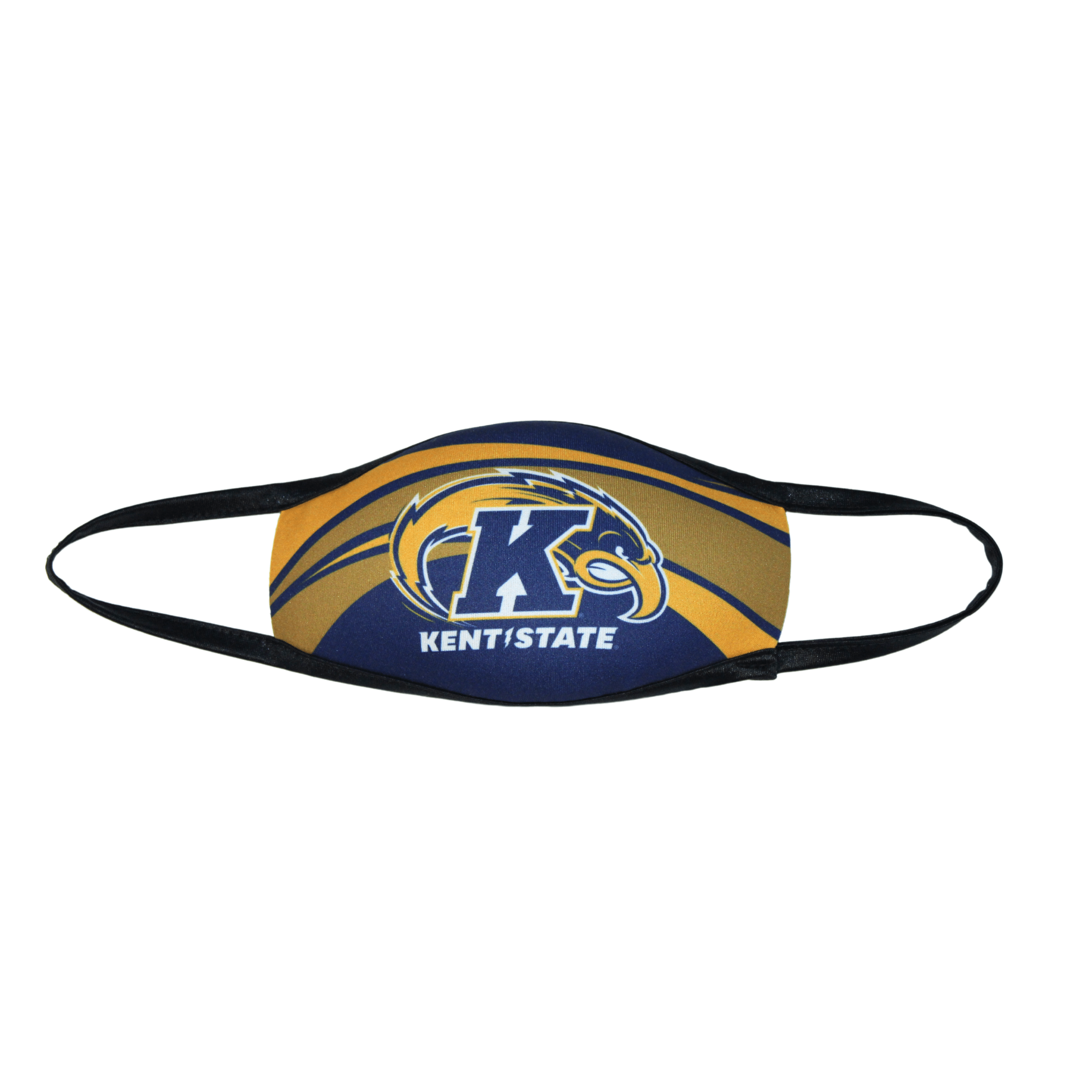 Navy Kent State Mask featuring a Kent State Golden Flashes logo in blue and gold colors with adjustable black ear loops, designed for Kent State University fans.