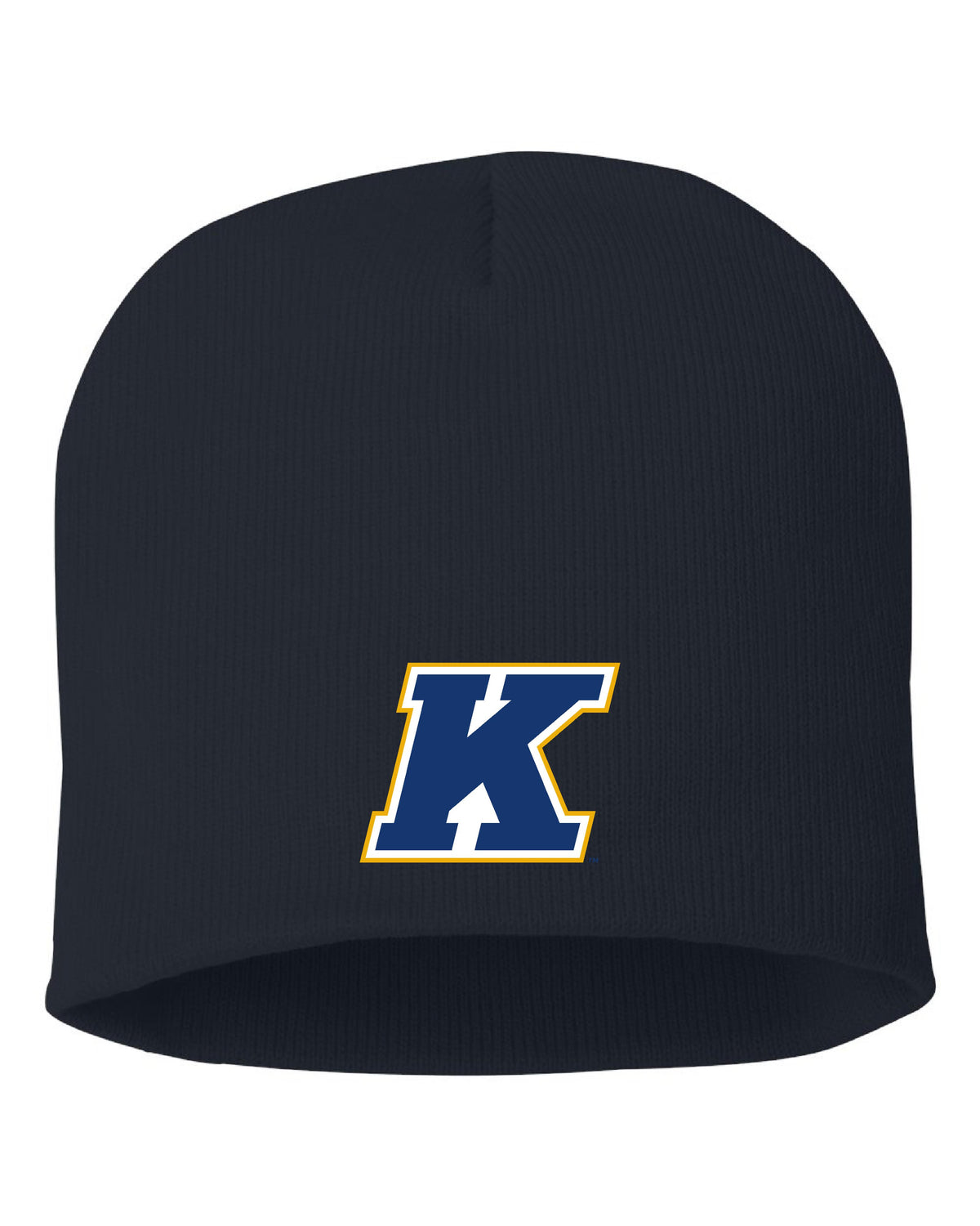 Navy blue knit beanie featuring a bold K logo in navy and gold, perfect for showing school spirit and staying warm during colder months with the K Logo Knit Beanie.
