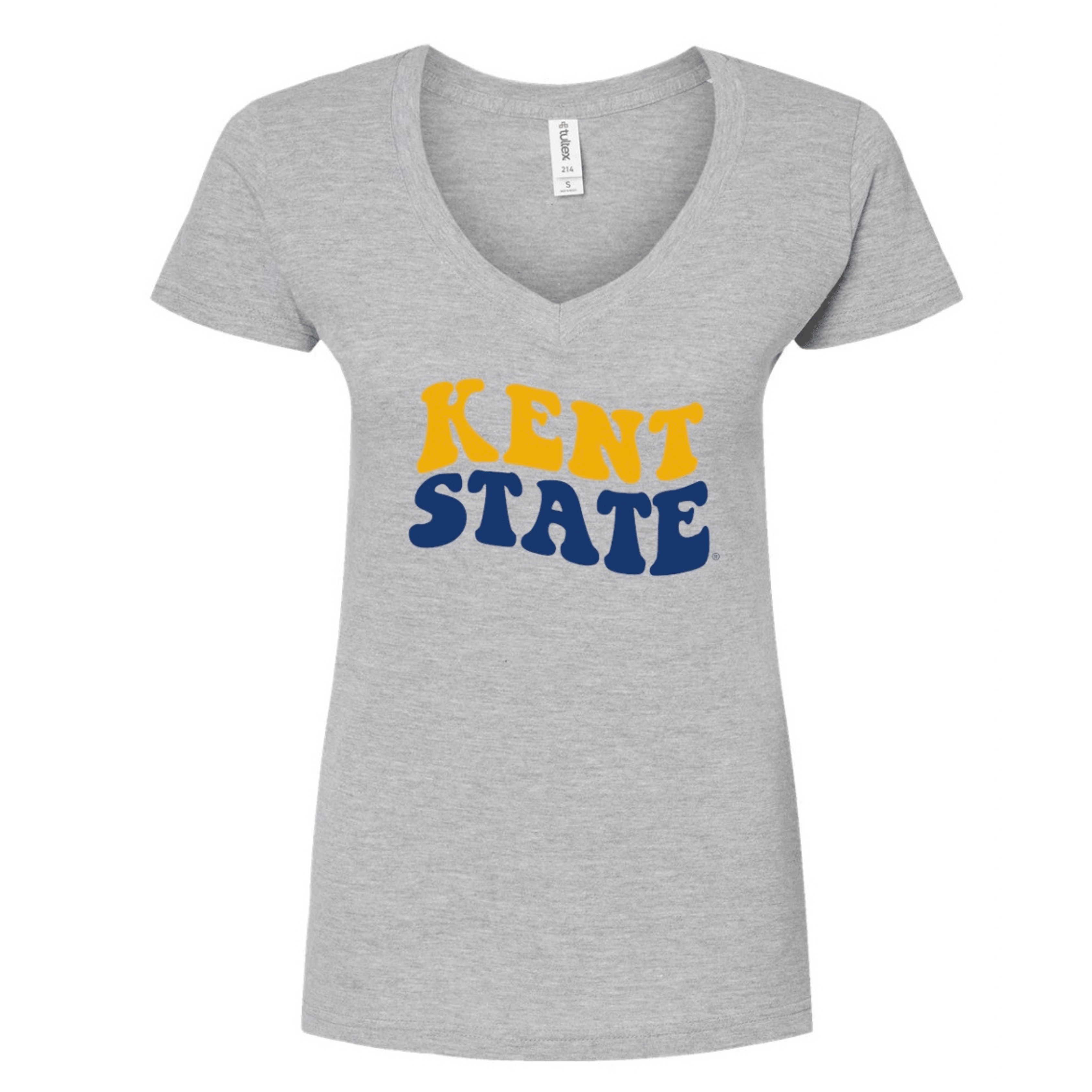 Gray v-neck women's t-shirt featuring "Kent State Hippie Font" text in yellow and blue, representing Kent State University apparel with a retro style.