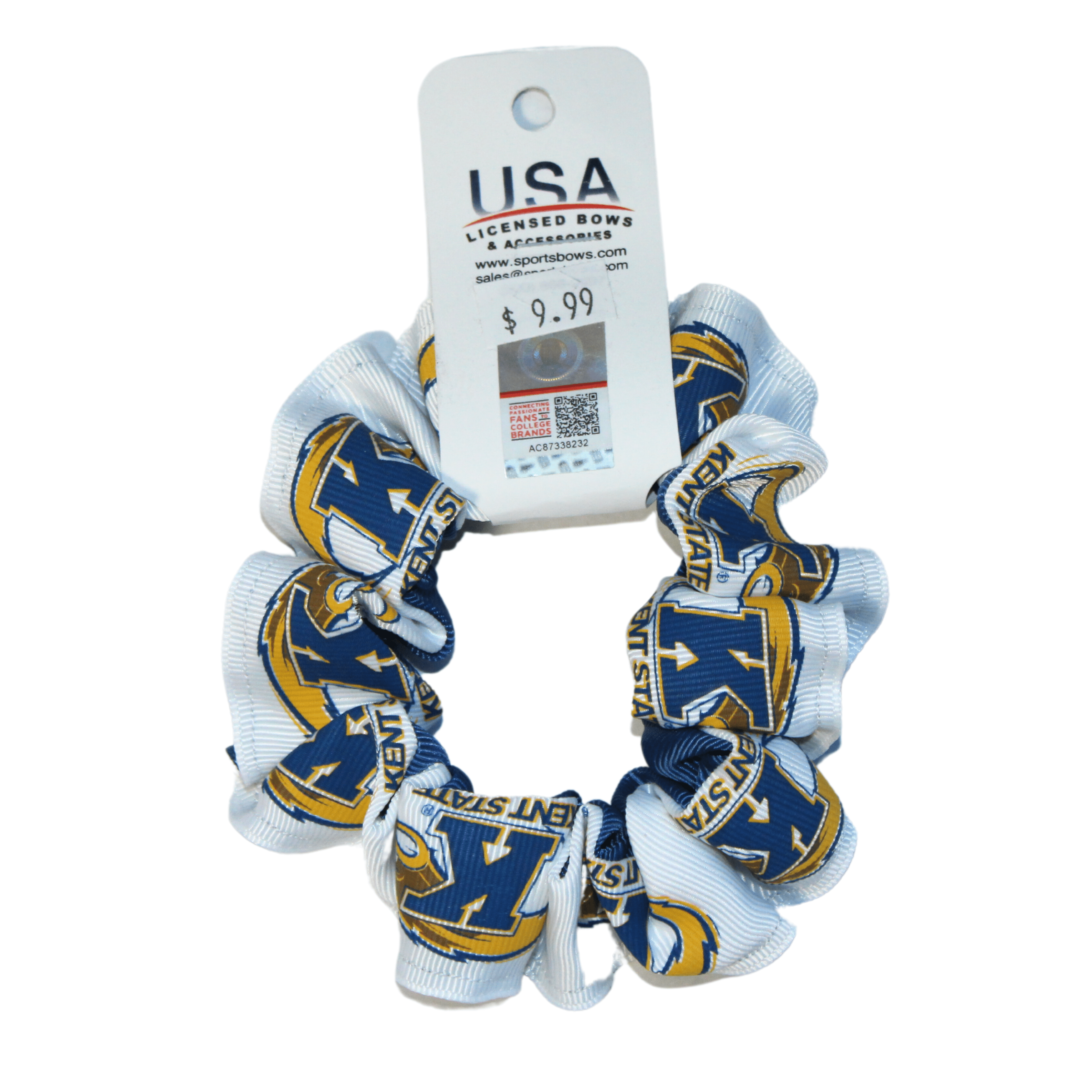 Kent State Navy Color Pony Accessories scrunchie featuring repeated Kent State logos in navy and gold on a light background, perfect for Kent State apparel fans.
