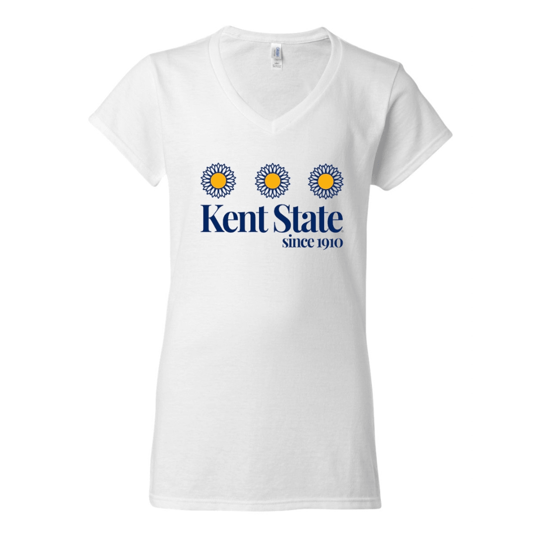 Kent State White V-Neck With 3 Flower T-Shirt featuring three blue and yellow flowers above bold Kent State text, a comfortable and stylish kent state apparel option.