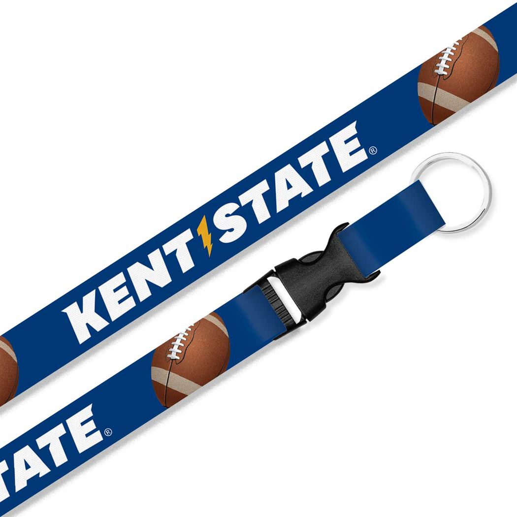 Kast State Football Lanyard featuring blue strap with football graphics and bold white Kent State text with a lightning bolt, includes a black plastic buckle and silver key ring.