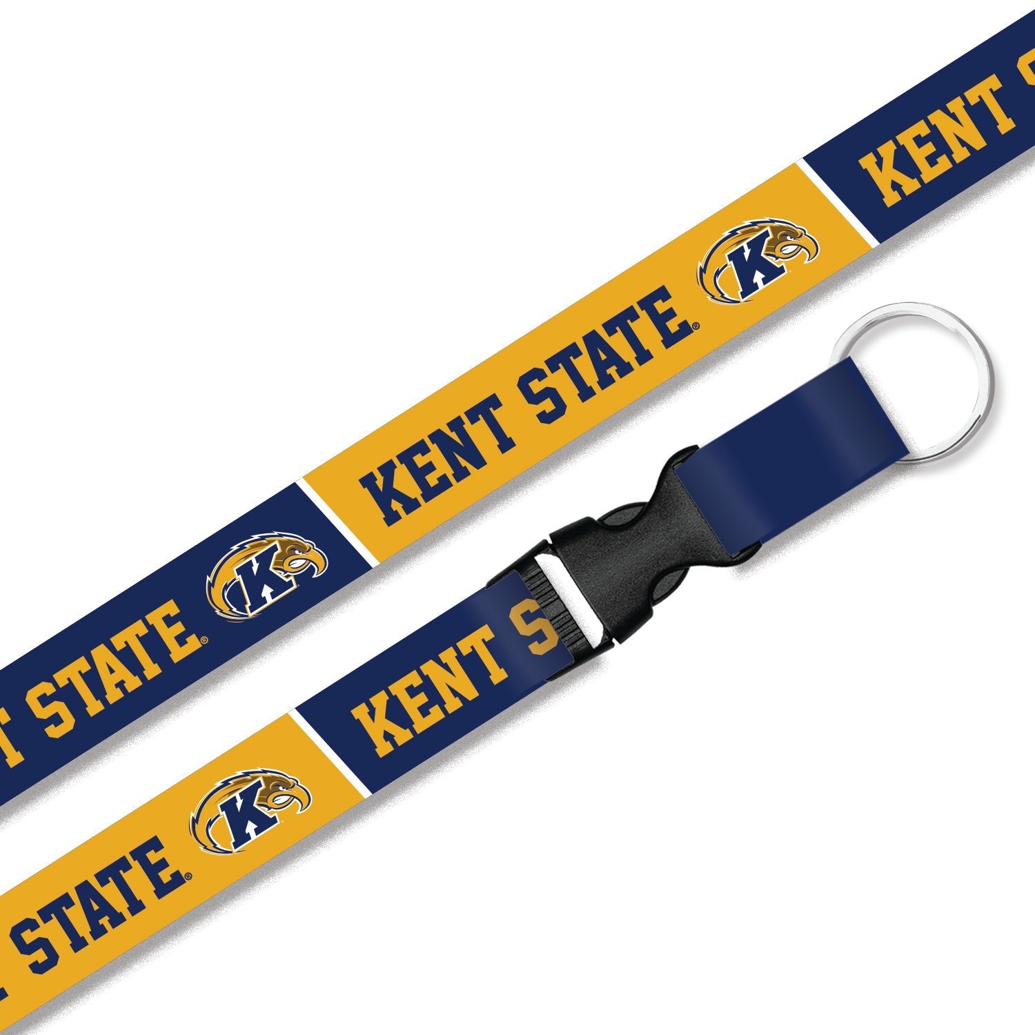 Sublimated Lanyard With Buckle featuring Kent State branding in blue and gold colors, designed with a quick-release buckle and key ring for convenience.
