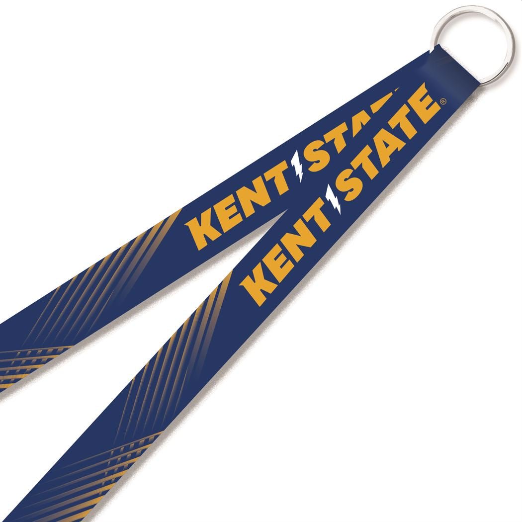 Kent State Wristlet in navy blue with gold diagonal stripes and bold yellow Kent State lettering with lightning bolt detail, attached to a silver keyring.