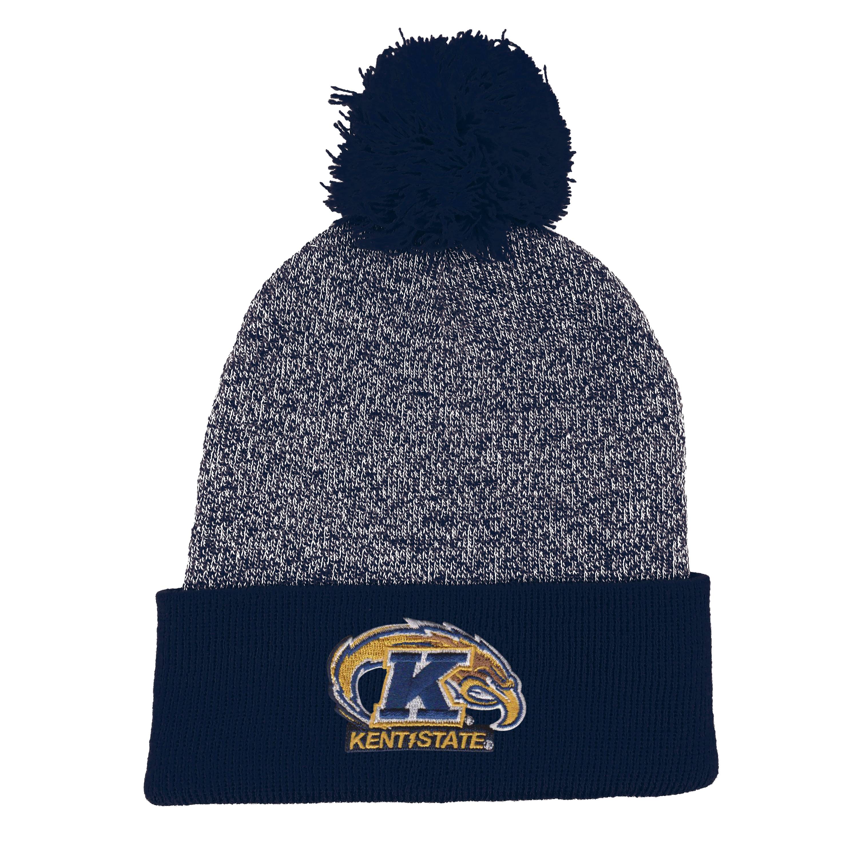 Kent State Knit Cuff Hat With Marled Yarn Body And Pom in navy and gray, featuring the embroidered Kent State Golden Flashes logo on the cuff, perfect for winter apparel.