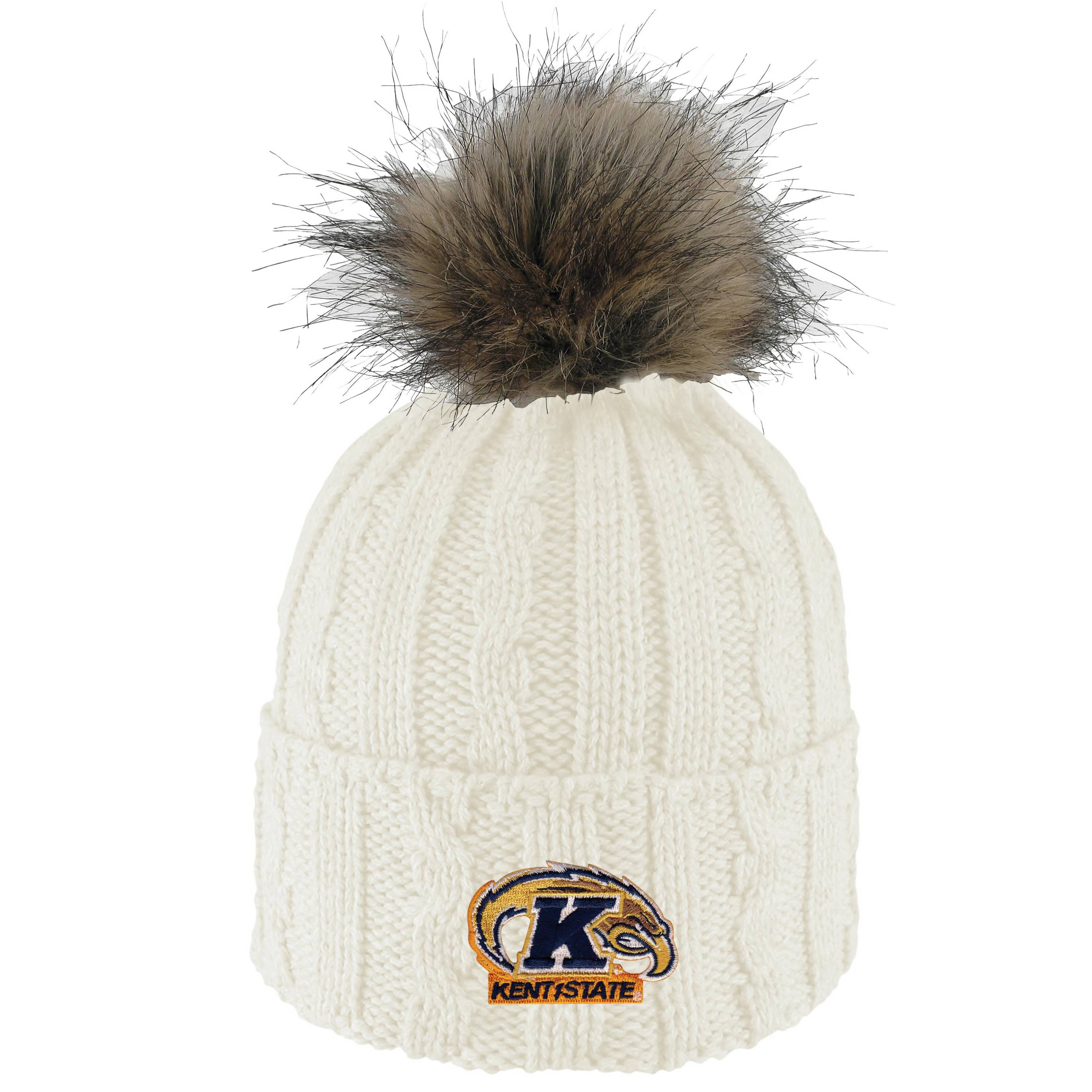 Kent State Knit Cuff Hat With Faux Fur Pom in cream color featuring a cable knit pattern and an embroidered Kent State logo with golden flashes on the cuff.
