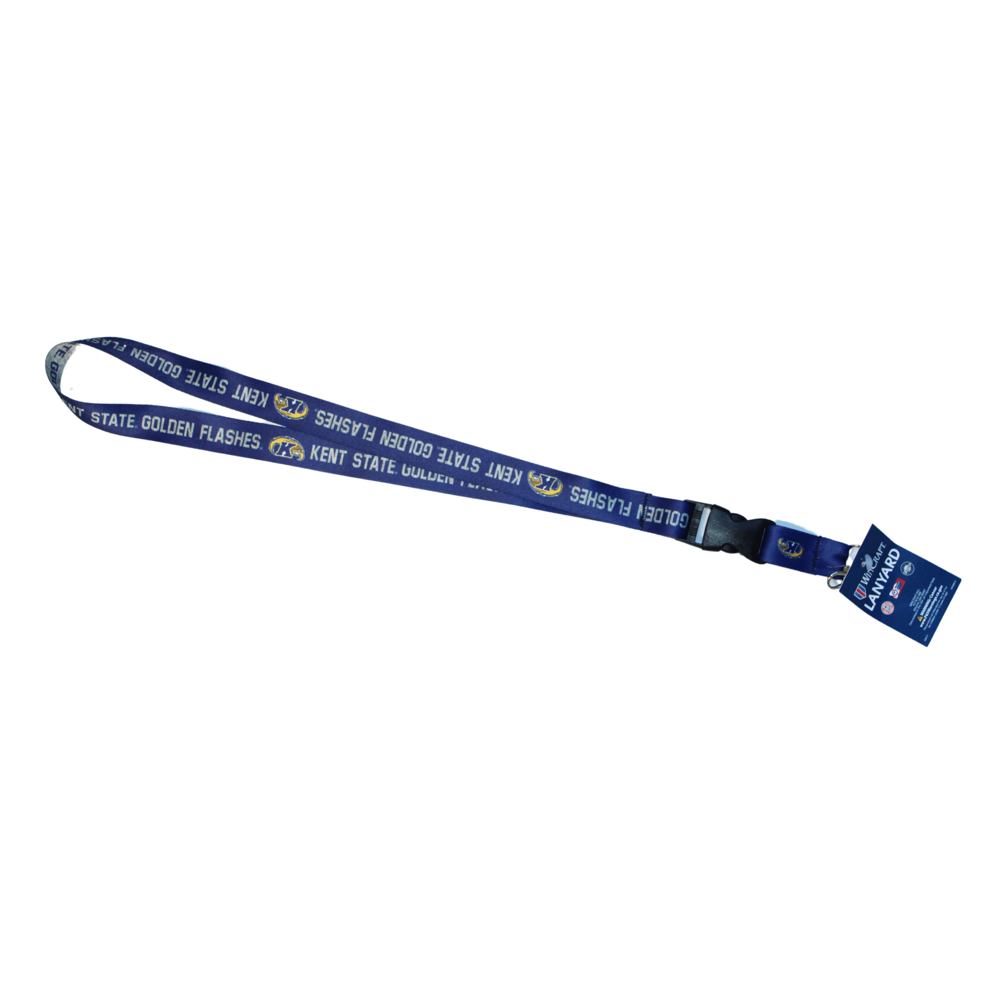 Kent State Navy 1in Buckle Lanyard with repeated text "Kent State Golden Flashes" and the university logo on a navy background, featuring a black buckle clasp.