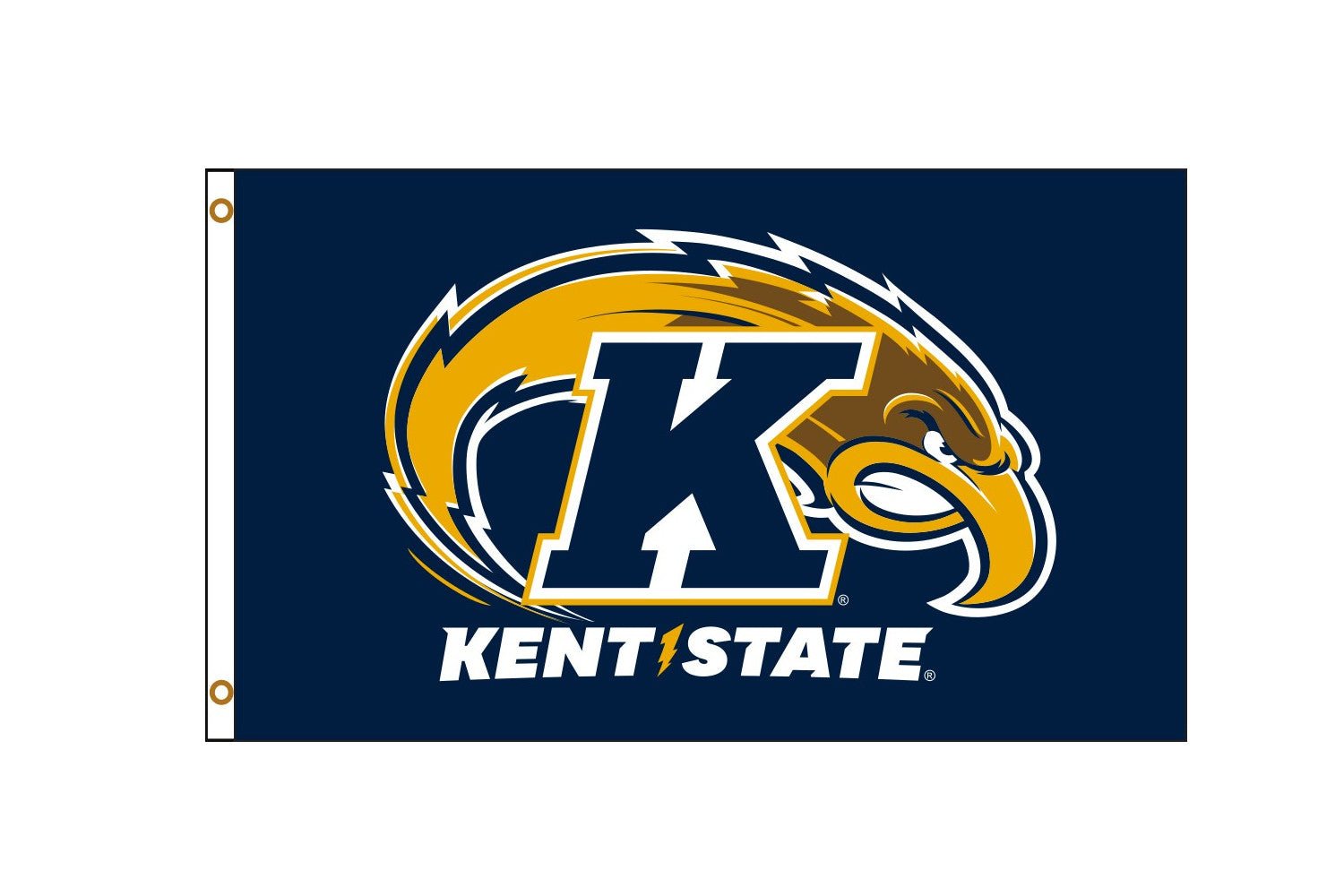 3x5 Kent State Primary Logo Flag featuring a navy background with a large golden eagle head and bold white and gold "K" logo above the text "Kent State" in white and gold.