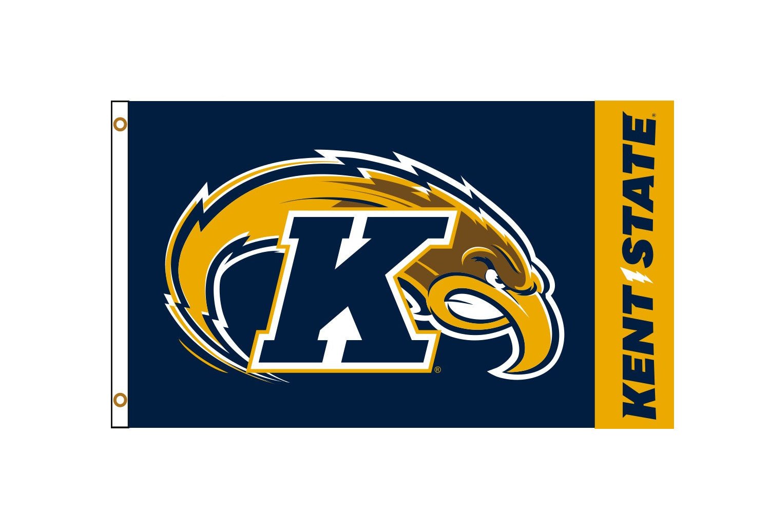 3x5 Kent State Flag featuring the Kent State Golden Flashes logo with a large letter K and an eagle head on a navy blue background with a gold vertical stripe and KENT STATE text.