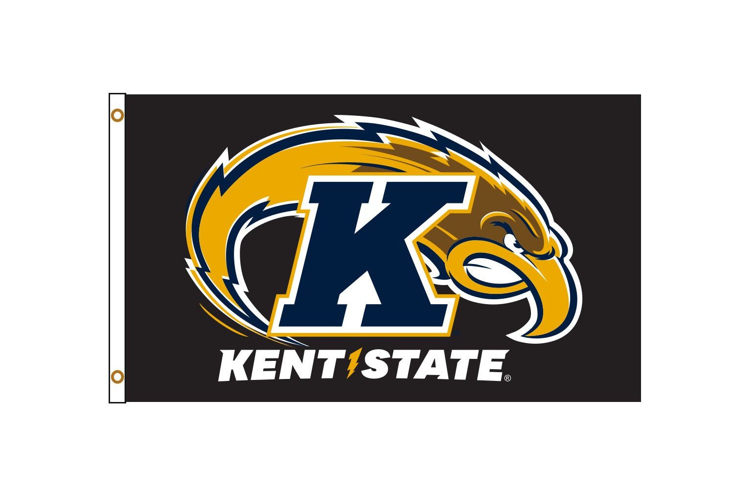 3x5 Black Kent State Flag featuring the Kent State Golden Flashes logo with a large gold and navy K and an eagle head on a black background representing Kent State University school spirit.