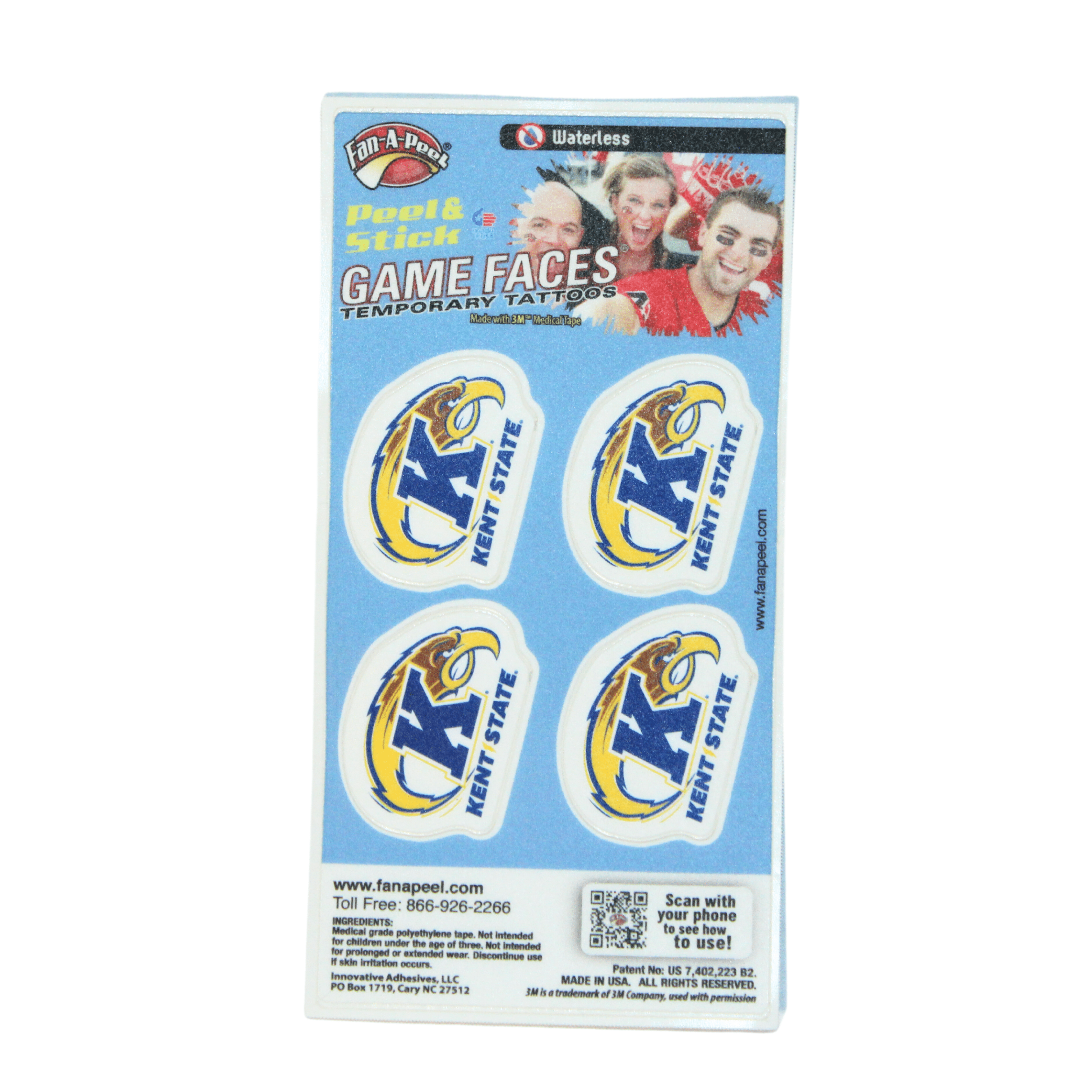 Kent State Face Tattoo sheet featuring four temporary adhesive tattoos with the Kent State logo and golden flash design for easy application on skin.