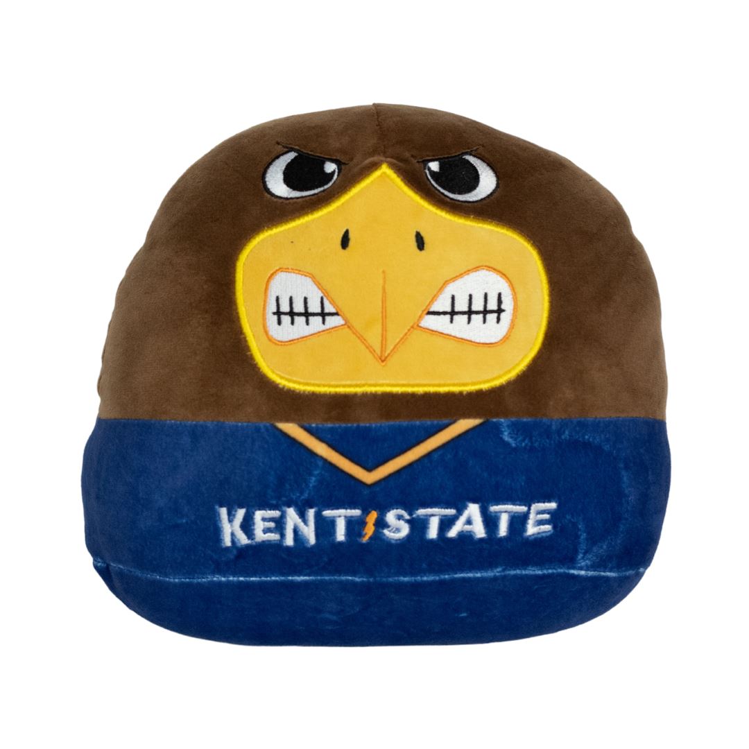 Soft plush squishy featuring an angry golden eagle face wearing a blue Kent State University jersey with embroidered logo, perfect for Kent State fans.
