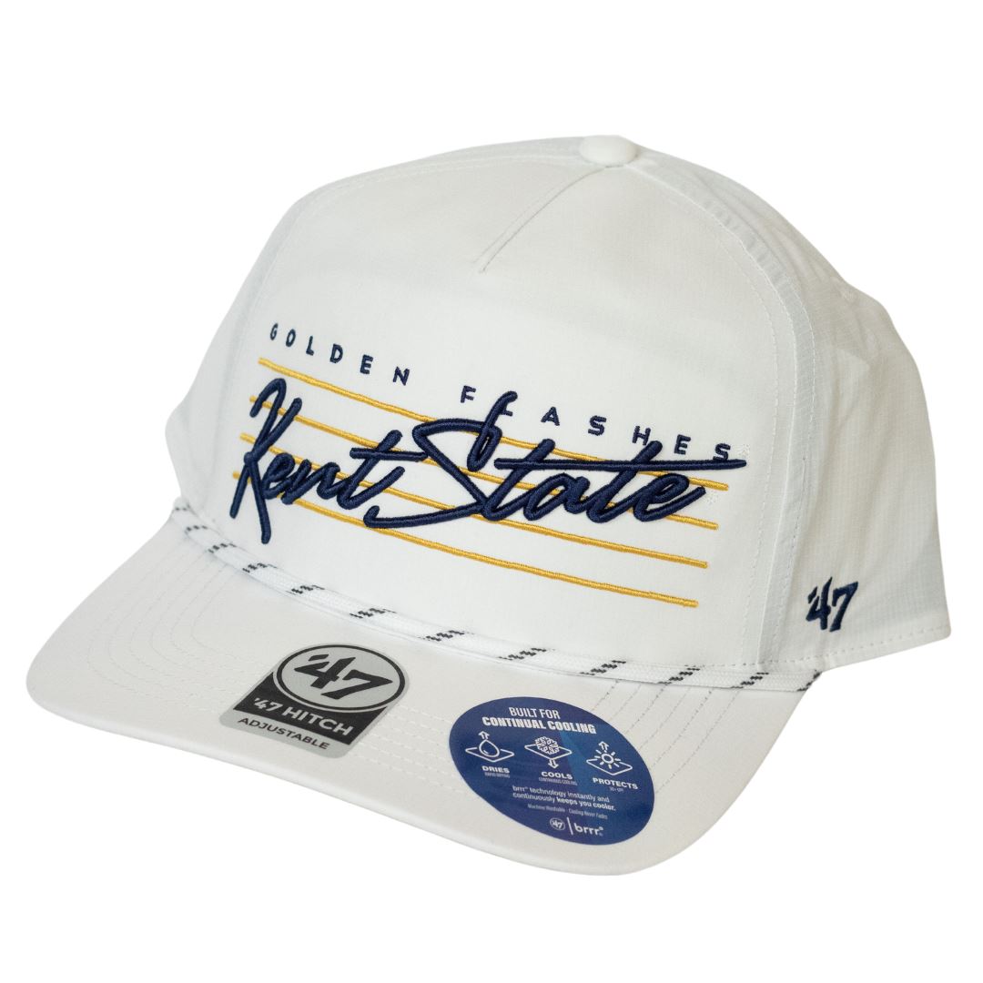 White 47 Brand Kent State Hitch Hat featuring Kent State Golden Flashes embroidered logo in navy and gold on a white adjustable cap, perfect for Kent State apparel fans.