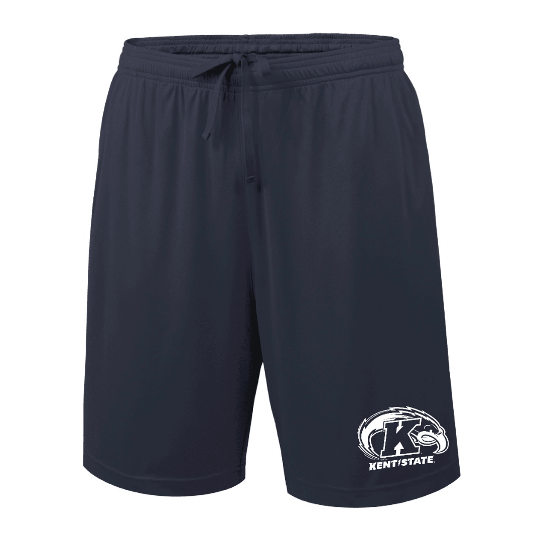 Navy Kent State Golden Flashes Navy Shorts featuring an elastic waistband with drawstring and Kent State logo on the leg, perfect for Kent State apparel fans.