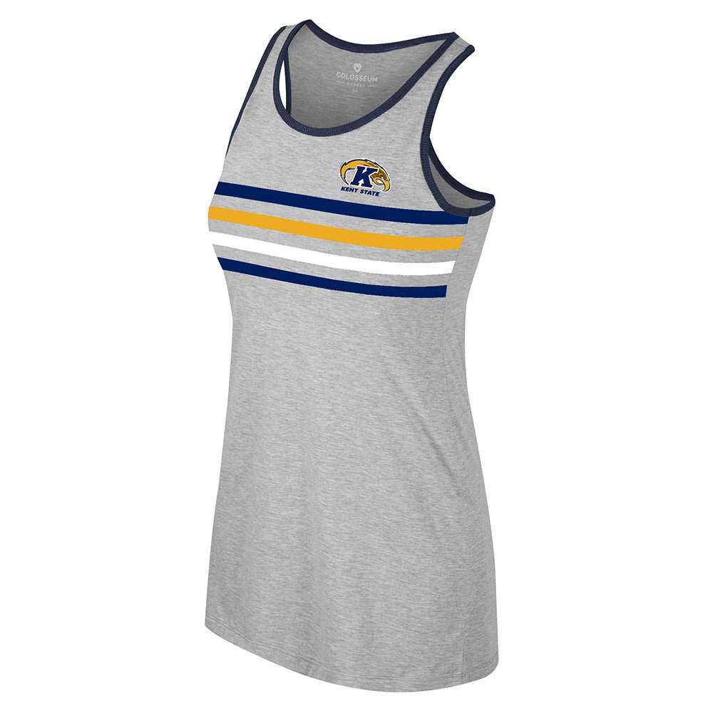 Women's Kent State Tank Top in heather gray with navy, white, and gold horizontal stripes and the Kent State Golden Flashes logo across the chest, collegiate apparel.