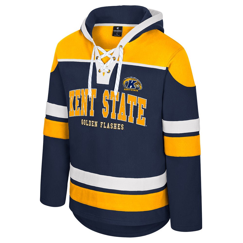 Kent State Rivalry Hockey Hoodie in navy, gold, and white with lace-up collar, featuring "Kent State" and "Golden Flashes" text with logo, ideal kent state apparel.