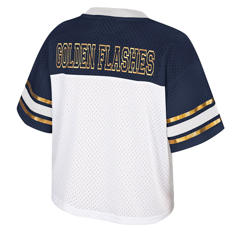 Back view of the 2024 Women's Football Jersey in navy and white with gold accents, featuring "GOLDEN FLASHES" text across the upper back and striped sleeves.