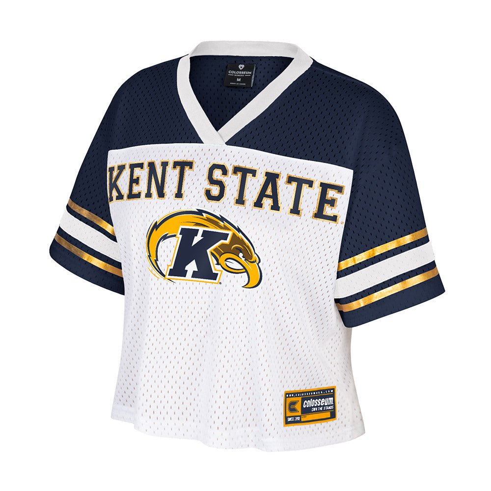 2024 Women's Football Jersey in white and navy blue with Kent State lettering and Golden Flashes logo, designed with breathable mesh fabric and striped sleeves.
