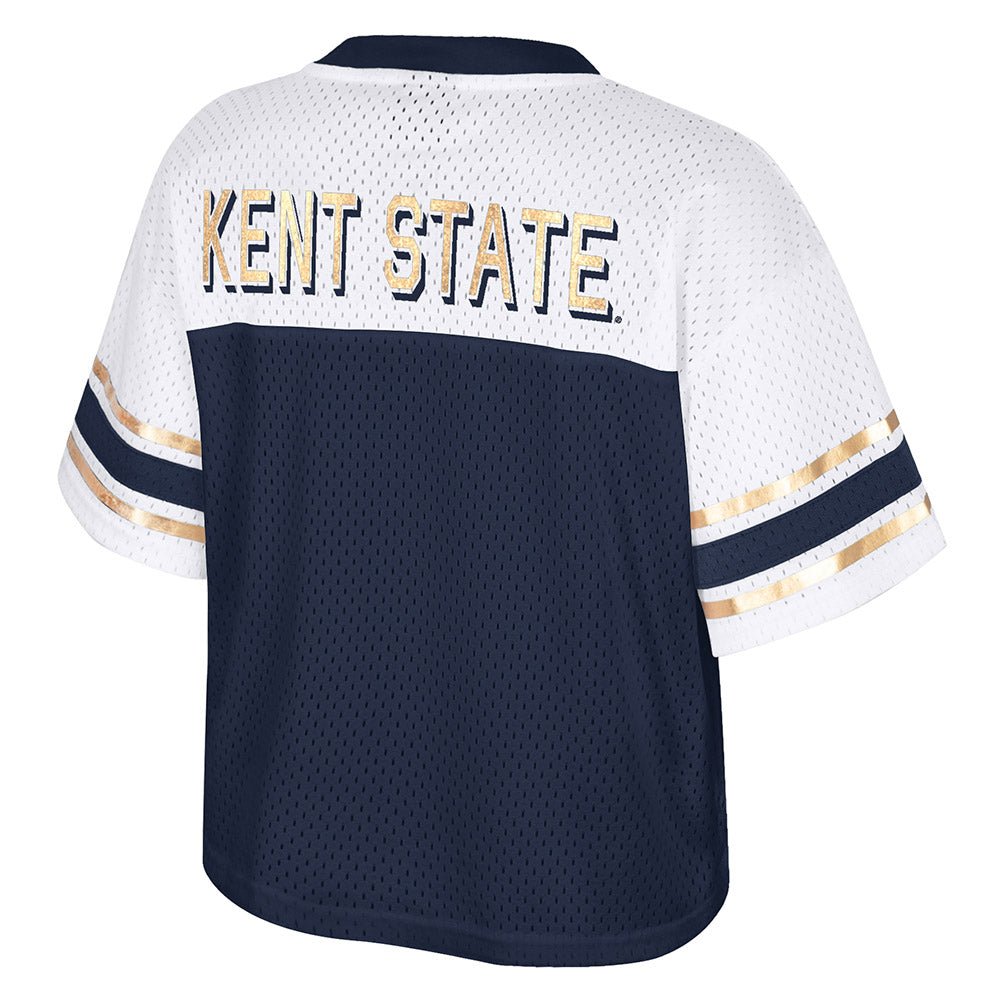 Back view of the 2025 Kent State Women's Football Jersey in navy and white mesh fabric with gold and navy stripes on sleeves and "KENT STATE" lettering on the upper back.