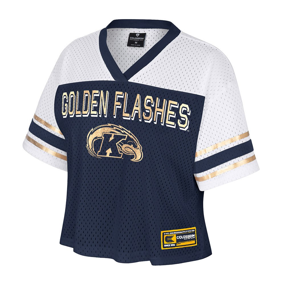 2025 Kent State Women's Football Jersey in navy blue and white with golden flashes logo and lettering, featuring breathable mesh fabric and striped sleeves.