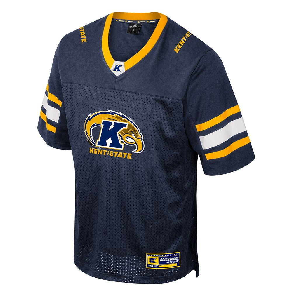 Navy blue and gold 2024 Youth Football Jersey featuring Kent State Golden Flashes logo and lettering, with striped sleeves and breathable mesh fabric.