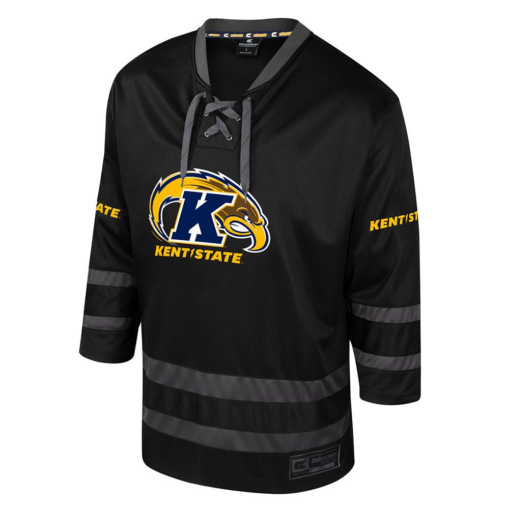 2024 Black Hockey Jersey featuring the Kent State Golden Flashes logo in blue and yellow on front, with Kent State text on sleeves and gray striped accents.